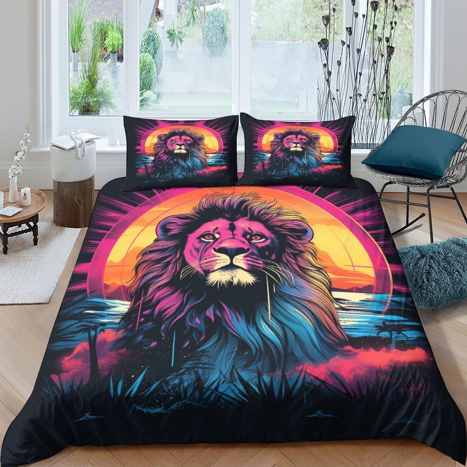 Parure de couette lion déco chambre moderne lit 2 places literie confortable et cosy