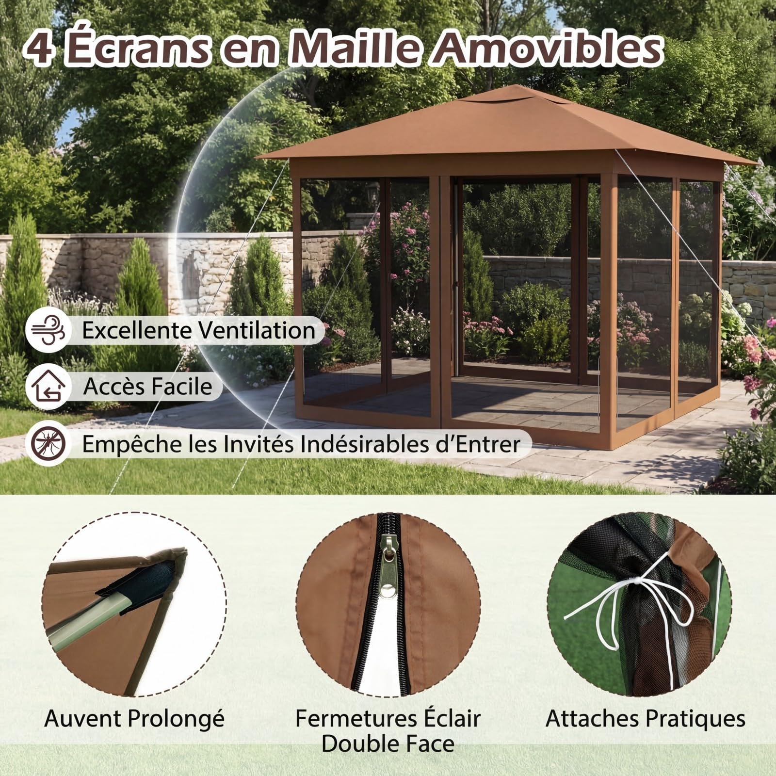RELAX4LIFE Tonnelle Pliante 3x3 avec Moustiquaires, Tonnelle de Jardin Exterieur Pop-up Facile à Monter, Protection Solaire, Cadre Métallique, Sac de Transport, Pavillon de Jardin pour Terrasse