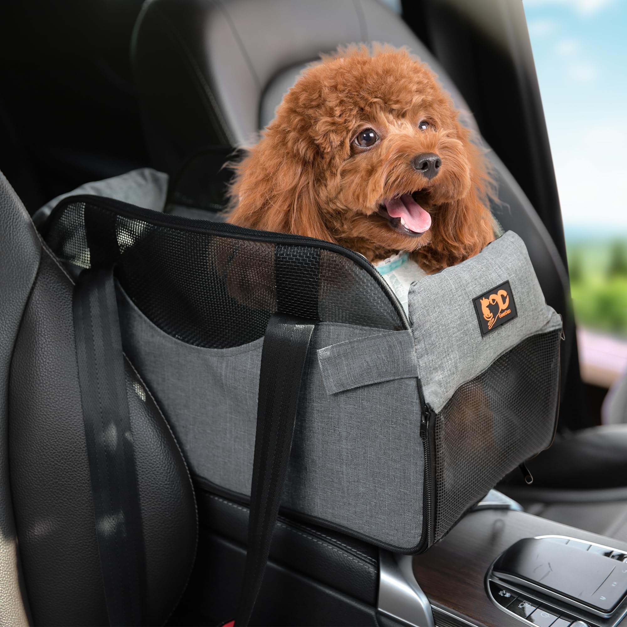 GeerDuo Center Console Dog Car Seat for Small Dogs with Mesh, Dog Booster Seat with Upgraded Safety Tethers, Detachable Washable Pet Car Seat Travel Bed Under 25lbs(Mesh)