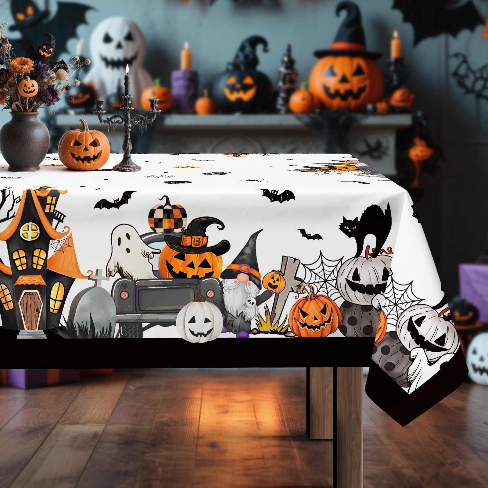 Arquiel Halloween Ghost Pumpkin Tablecloth Waterproof, Bat Black Cats Table Cloth Rectangle, Washable Table Cover for Halloween Party Home Kitchen Decoration (152x213cm)