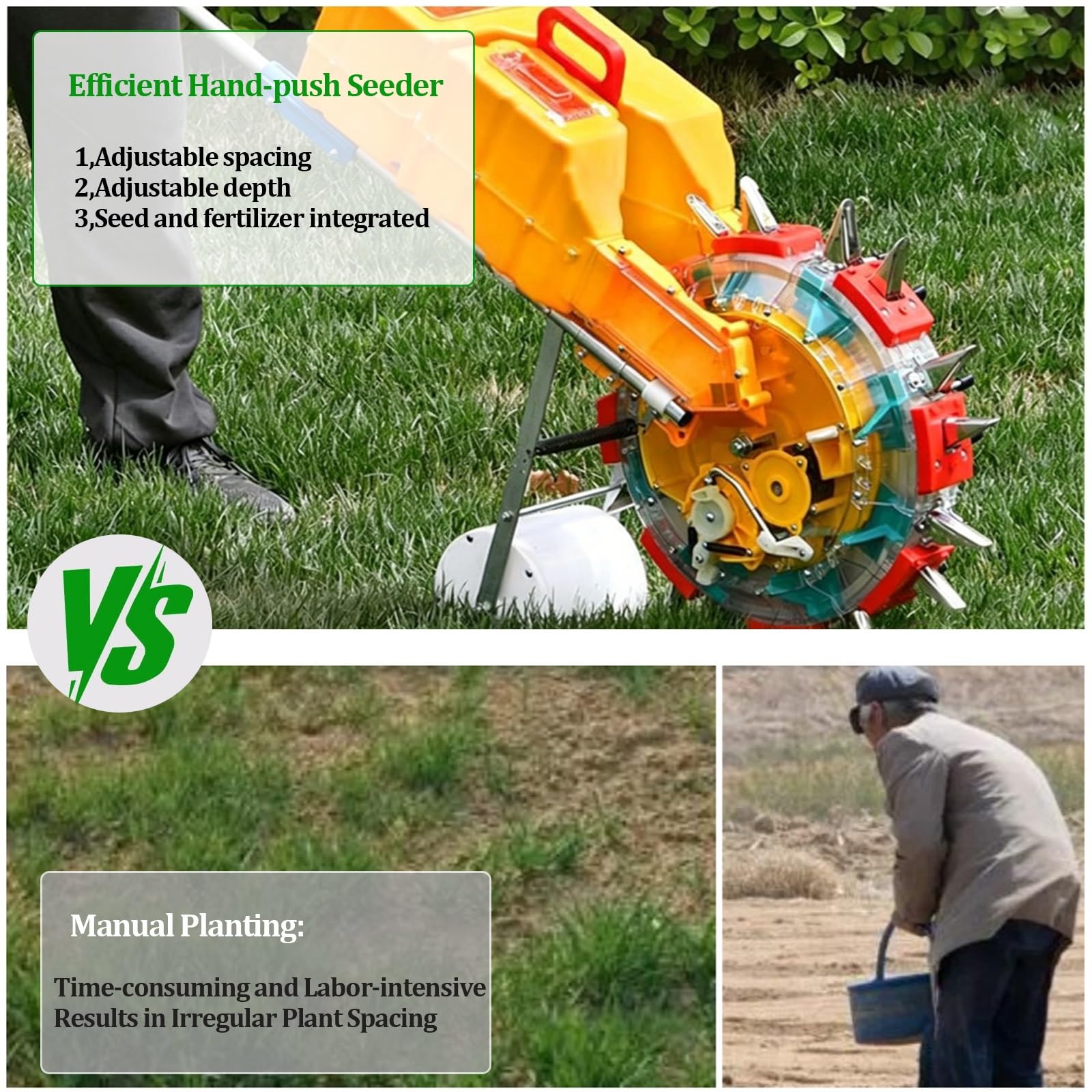 Seminatrice a Spinta Manuale a 8 uscite, Portatile, con Funzione di Semina e distribuzione di fertilizzanti, profondità e spaziatura Regolabili, per Mais, soia, Arachidi e Cotone