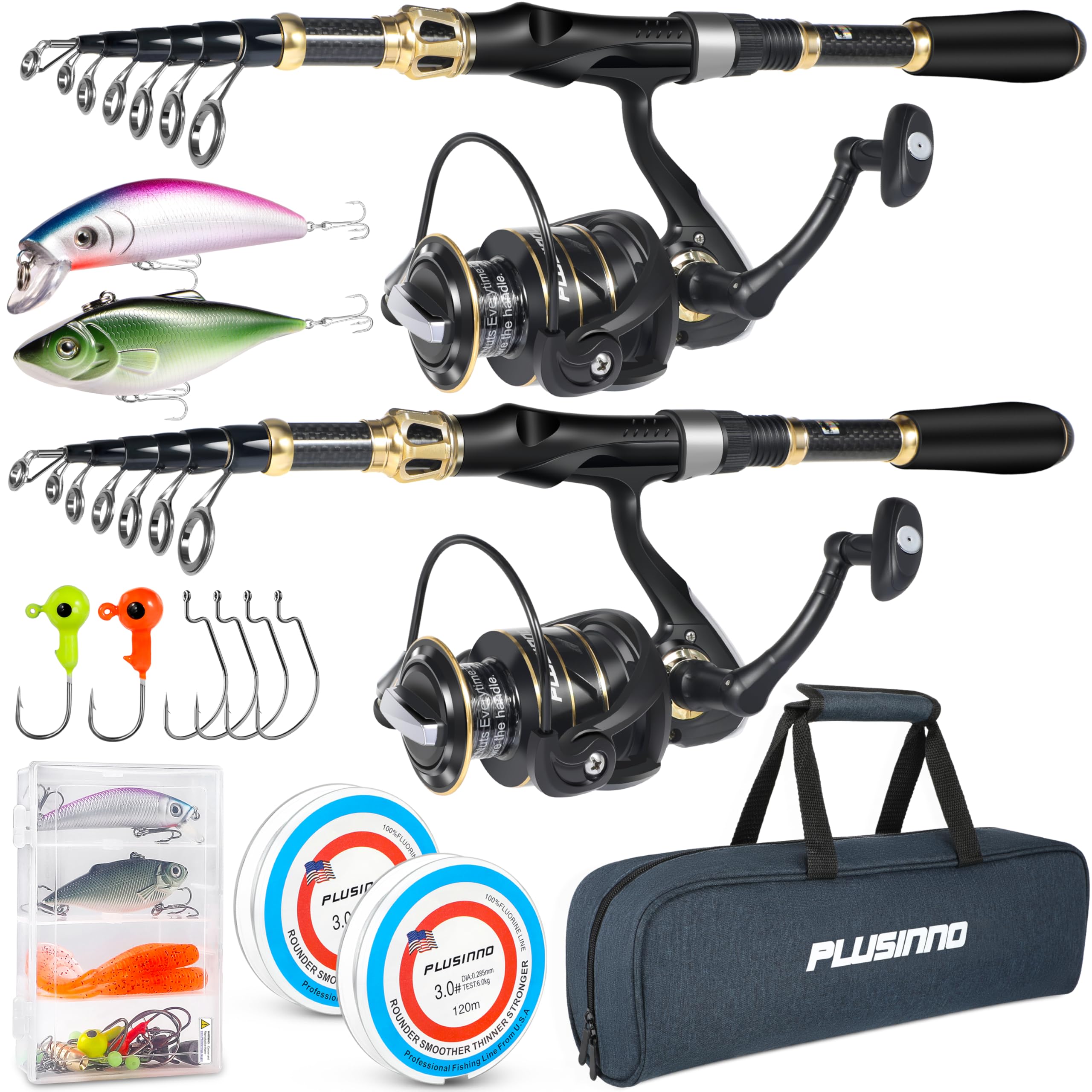 PLUSINNO Fishing Rod and Reel Combo, Telescopic Fishing Pole Kit with Spinning Reel, Tackle Box, Fishing Lures and Travel Carrying Bag, Fishing Gear Gifts for Men : Sports & Outdoors