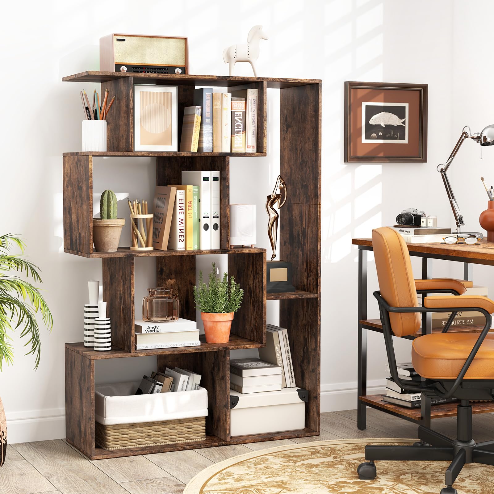 COSTWAY Librería Geométrica de 6 Cubos, Estanteria Libros Abierta, Separador de Espacios, Biblioteca Dormitorio Estudio Salon, 80 x 30 x 119cm (café)