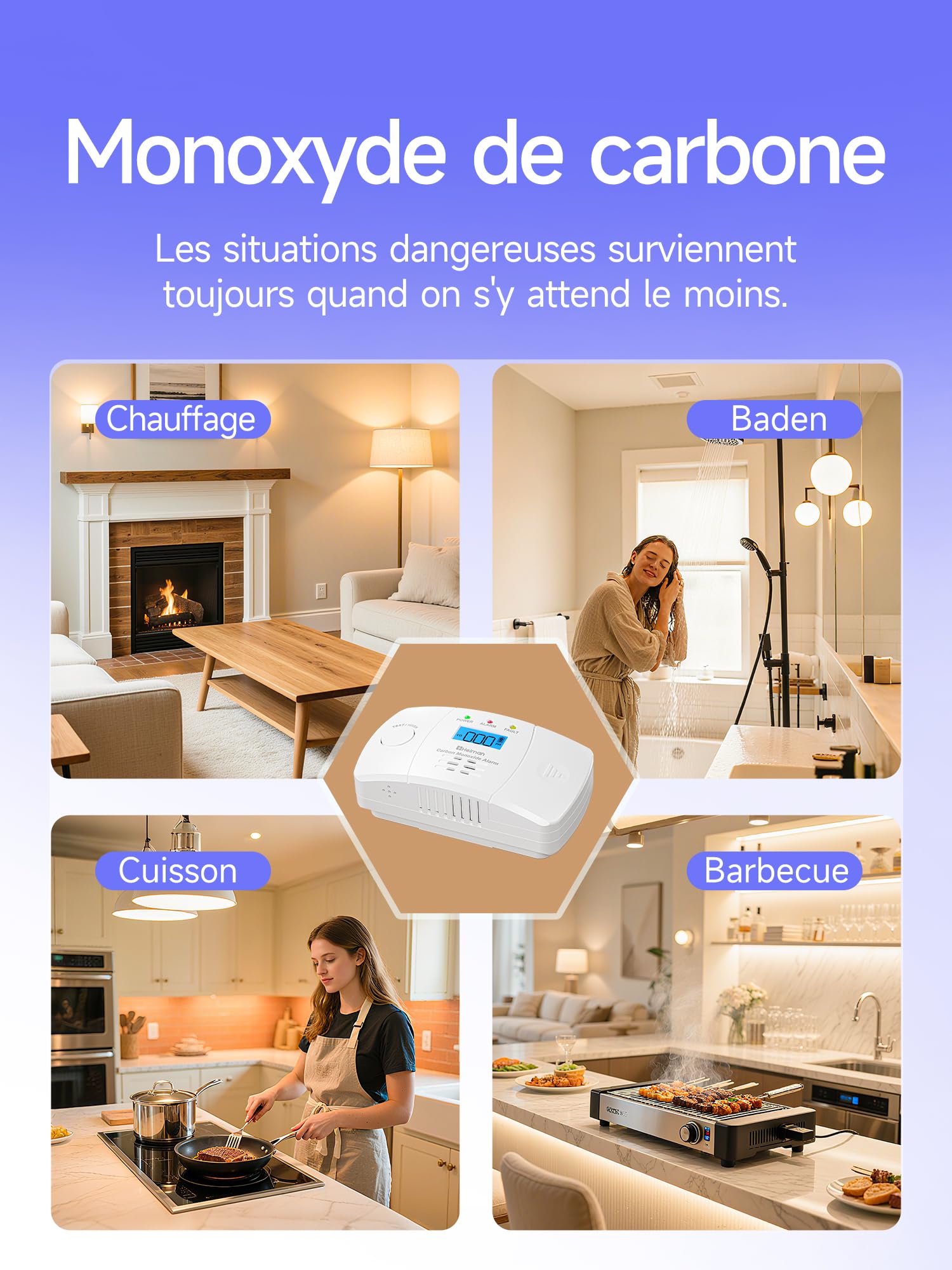 Heiman Détecteur de Monoxyde de Carbone Détecteur de CO avec Batterie échangeable et Bouton de Test et Voyant d'état LED, Capteur 10 Ans