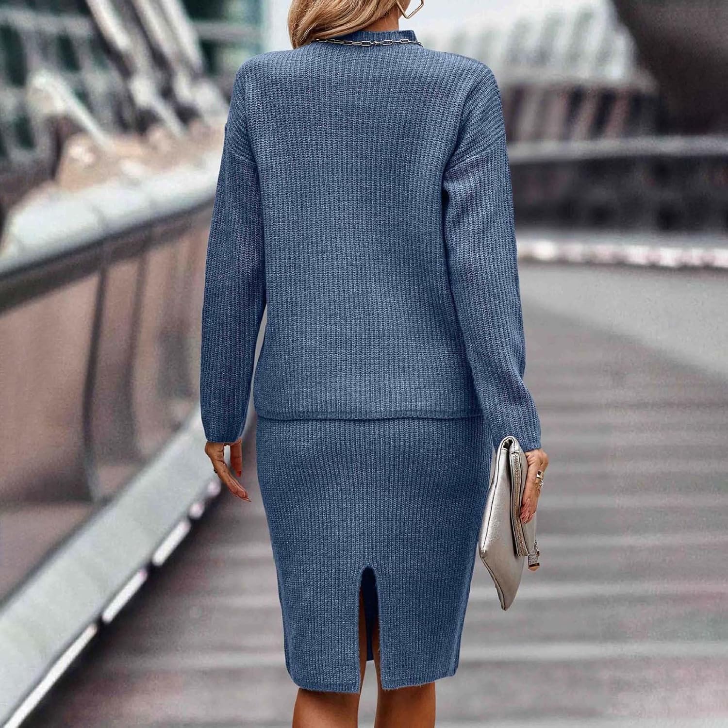 Women 2 Piece Turtleneck Knit Sweater Skirt Set Midi Sweater Dress Long Sleeve Pullover Bodycon Knitted Skirt Outfit
