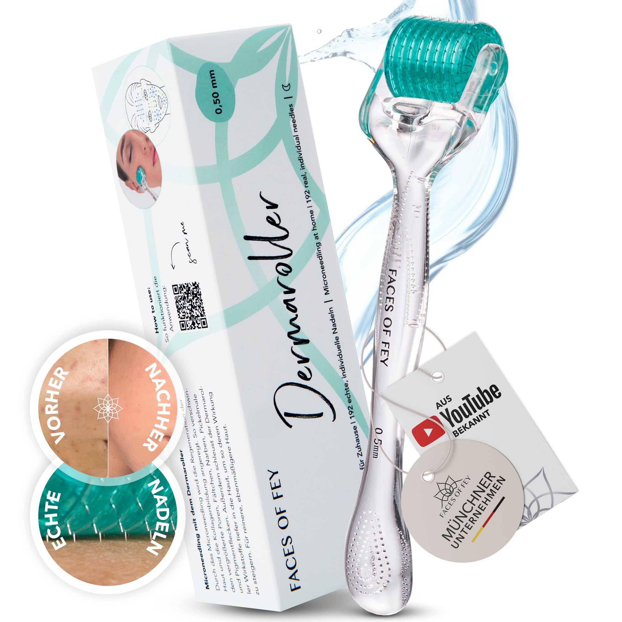 FACES OF FEY Dermaroller Gesicht 0,5mm – 192 Echte Nadeln aus Chirurgenstahl – Microneedling Roller für Gesicht & Körper – Derma Roller für professionelles Micro Needling zuhause