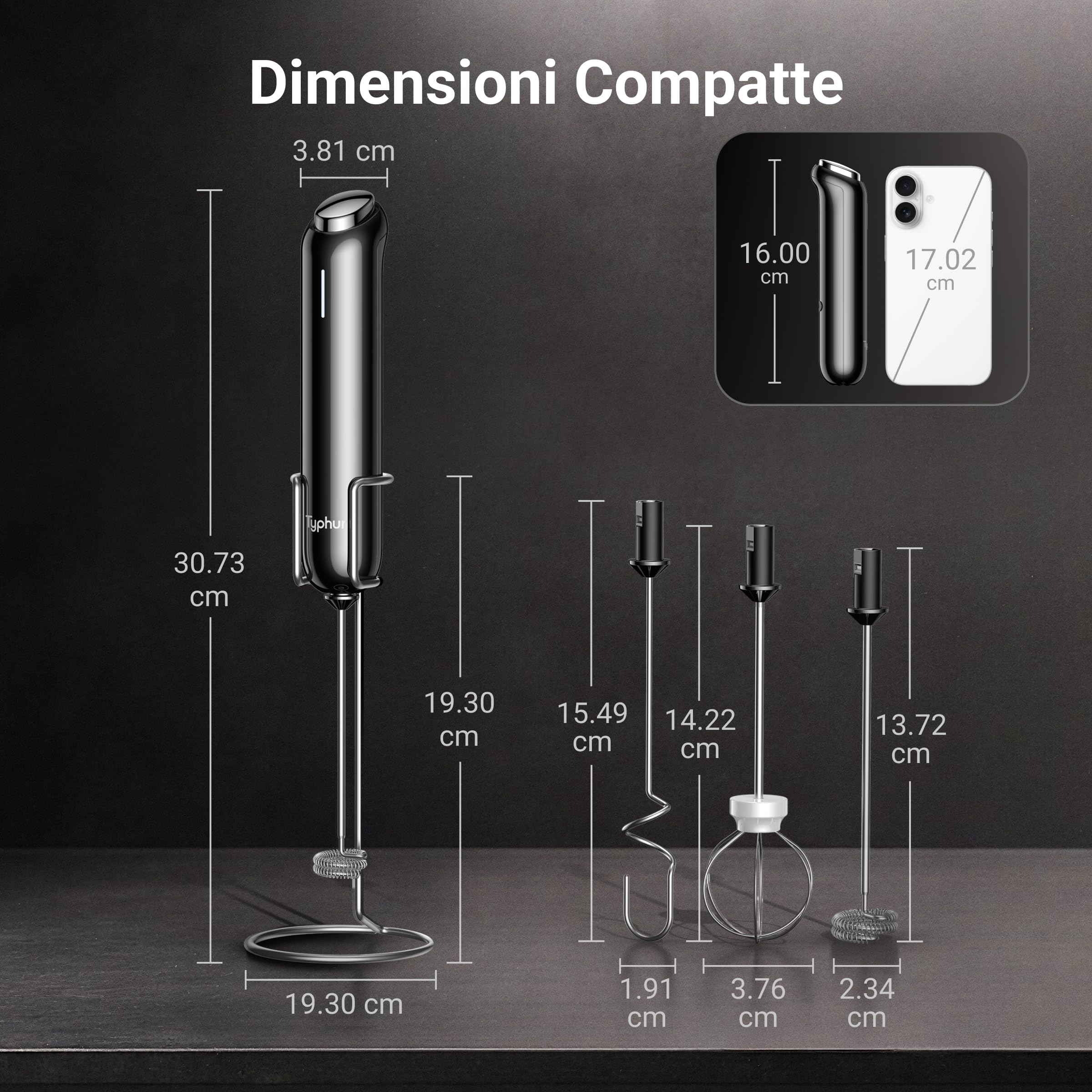 Typhur InstaWhisk Montalatte Elettrico Portatile, Velocità Variabile 1600-10000 RPM, 3 Fruste Removibili, Ricarica USB-C, Frullino per Cappuccino, Latte Macchiato, Cioccolata Calda, Bevande Vegetali