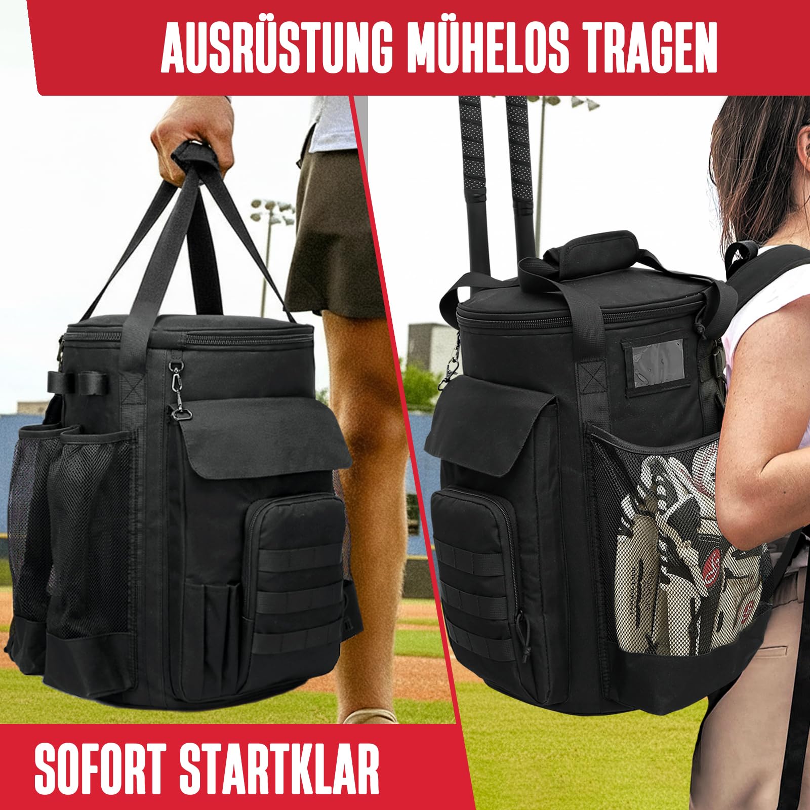 Baseballtasche für 6-Gallonen-Eimer – Baseball-Rucksack für Trainer mit gepolstertem Deckel, großer Organizer für Bälle, Schläger, Handschuhe und Zubehör, Eimer Nicht enthalten