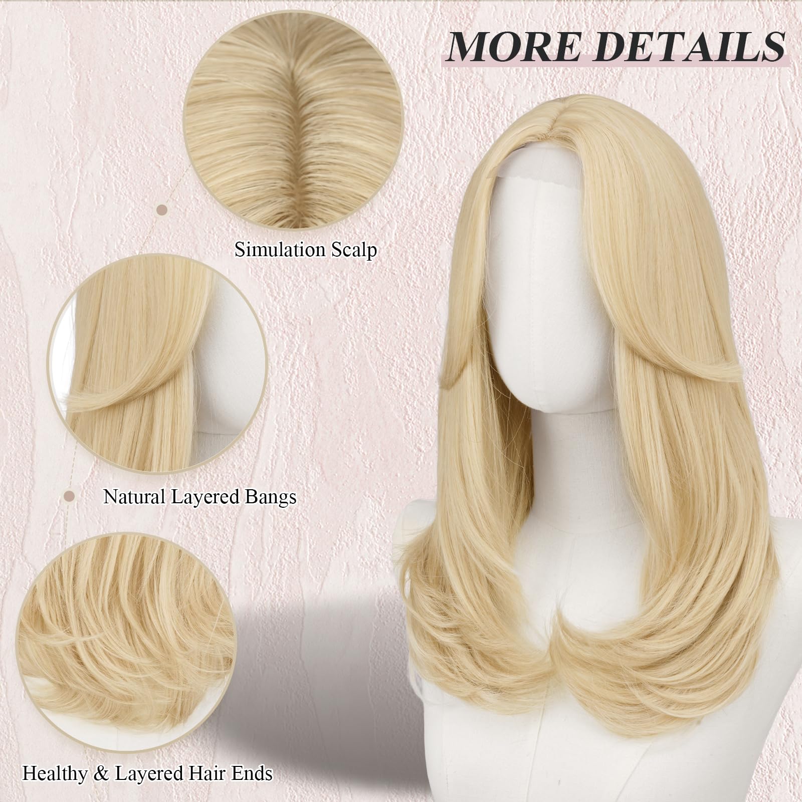 FESHFEN Lace Front Parrucca - Parrucca Donna con Frangia Natuaral Ondulata Biondo Platino Wigs Sintetici Lunga Parrucche per Quotidiano Carnevale Festa, 45 cm