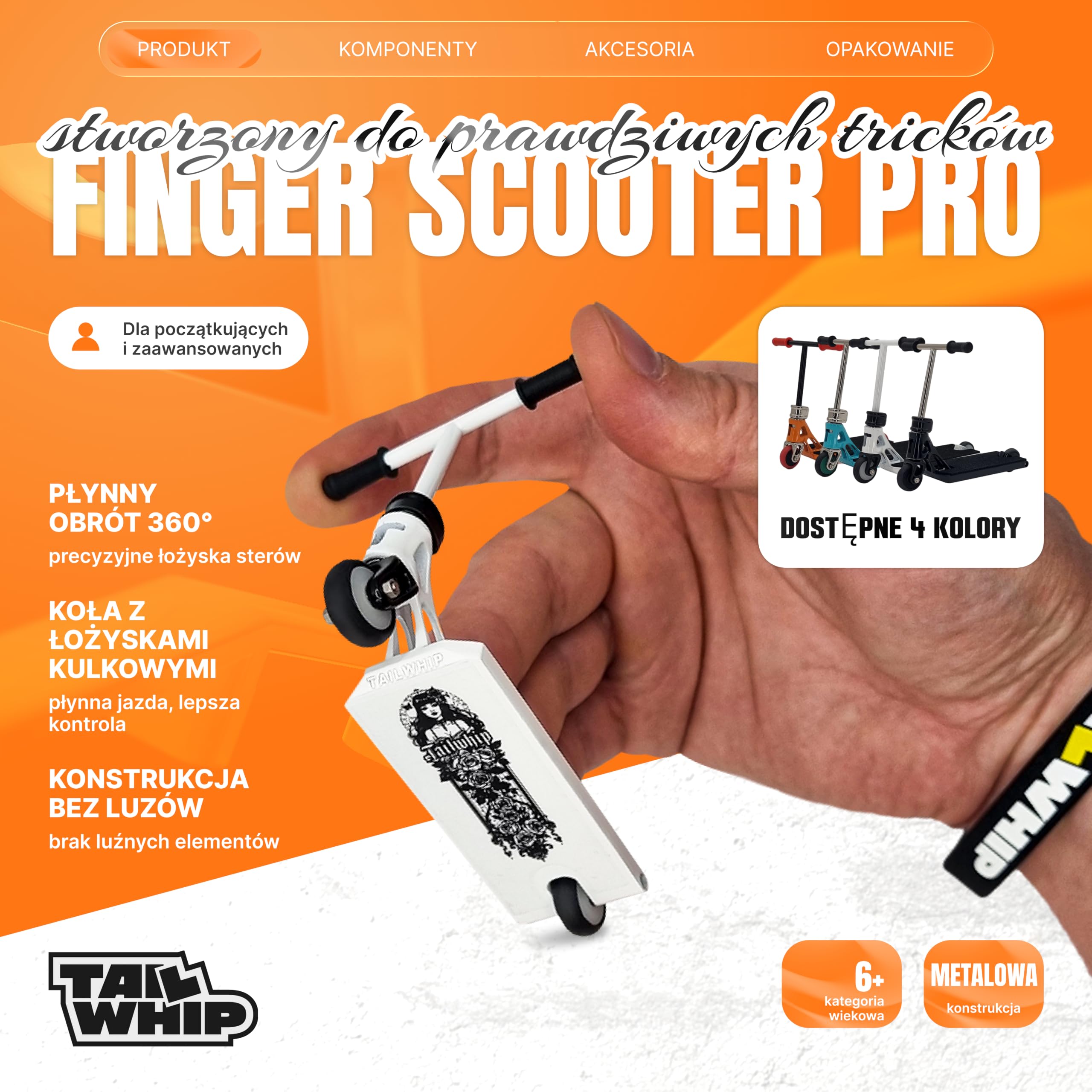 TAILWHIP Pro Finger Scooter z łożyskami kulkowymi – bez zabawy, cicha praca, naklejka na pokład do indywidualizacji, wytrzymała metalowa hulajnoga trick Scooter dla dzieci i dorosłych, biała