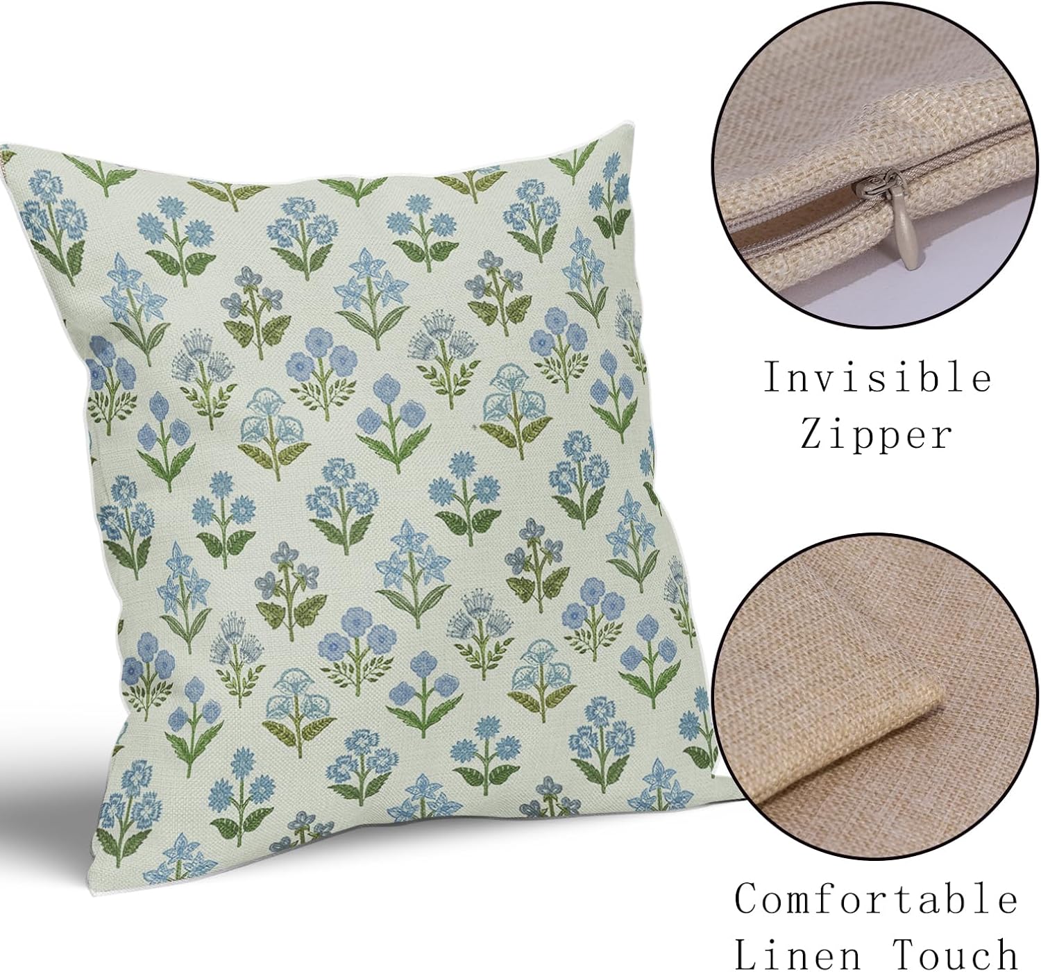 Blue Green Block Print Pillow Covers 24x24 Inch Set of 2, Vintage Floral Spring Decorative Throw Pillow Cases Boho Cushion Covers Rustic Decoration Gift Farmhouse Sofa Couch Bed Decor