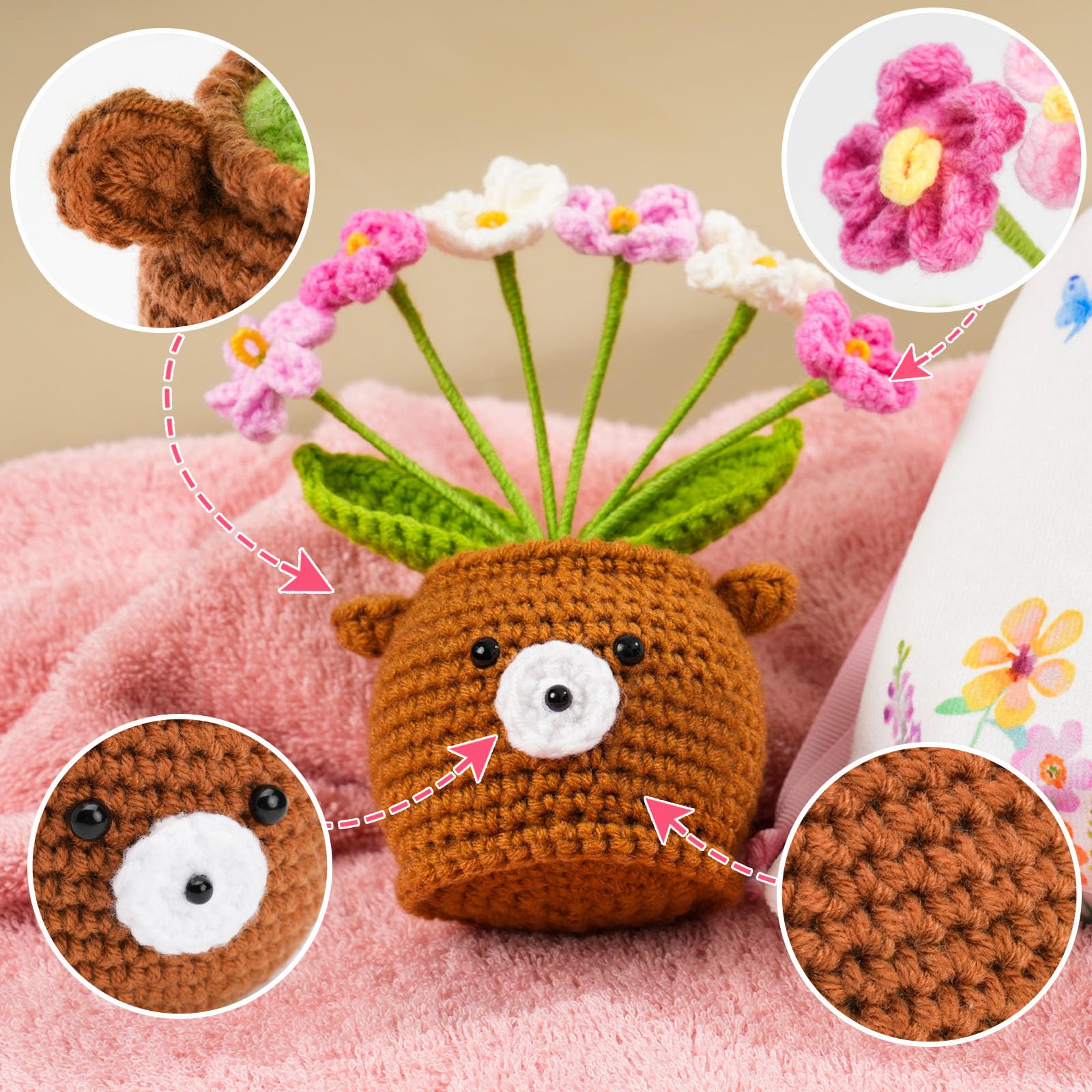 Regalo Día de la Madre, Regalo Mamá Flores de Crochet Ositos Peluche, Regalo Cumpleaños Madre, Tarjeta de Regalo Adjunta - la mejor Mamá del mundo, Te quiero mamá, Bolsita con Estampado Delicado — view 6