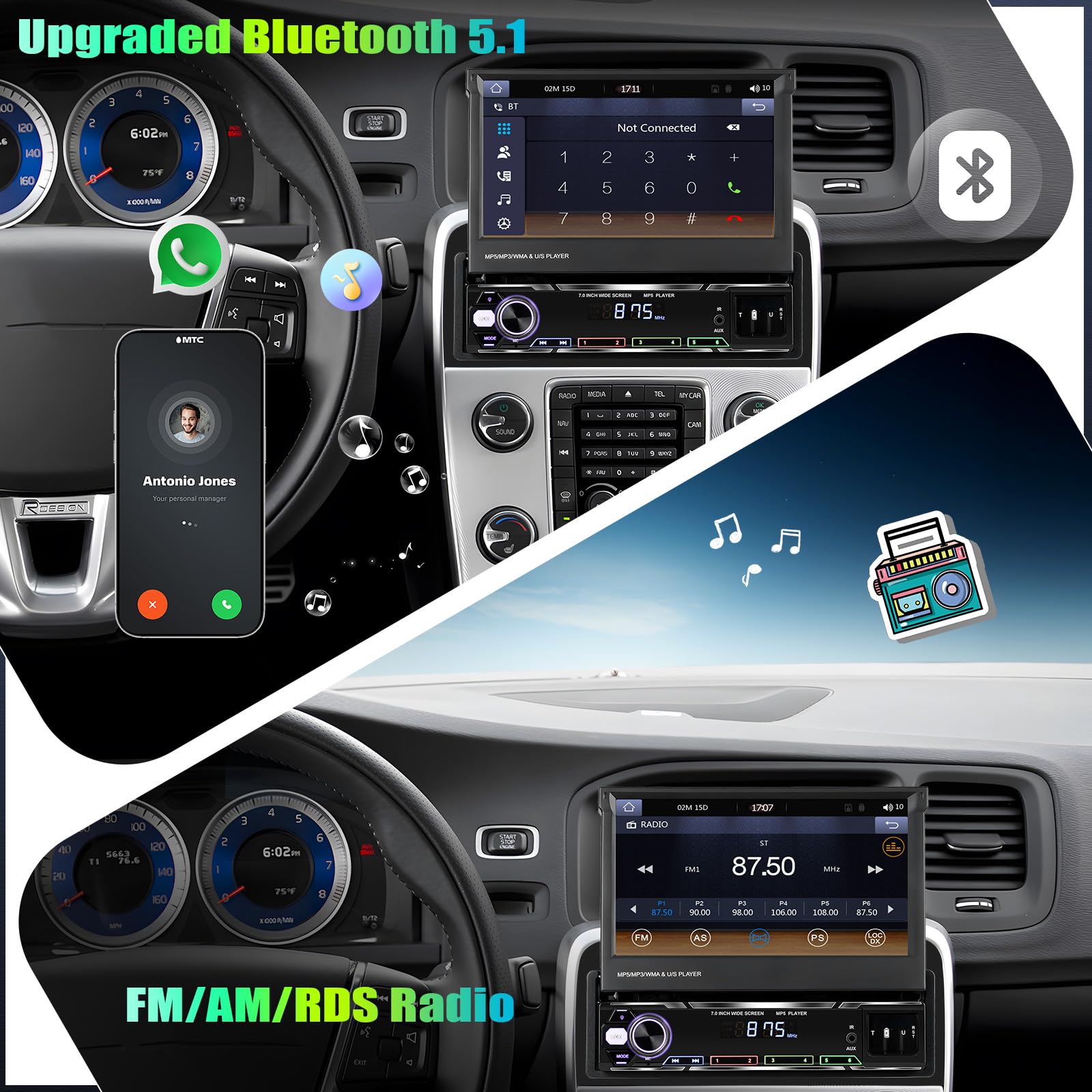 CAMECHO Autoradio 1 DIN con Carplay Inalámbrico, 7 Pulgadas Bluetooth Radio Manual Pantalla Extensible con Android Auto Mirror Link FM/Am RDS Control del Volante USB/AUX +Cámara Trasera
