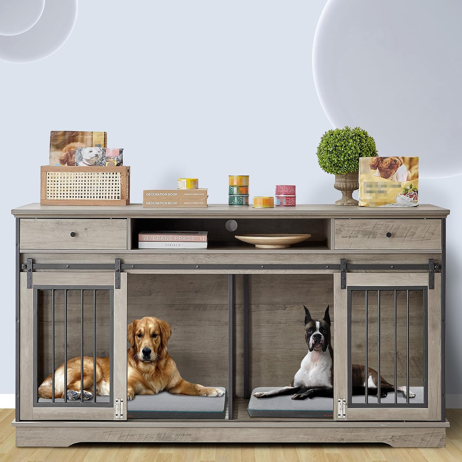 Lyromix Dog Crate Furniture Large Breed TV Stand with Drawer & 2 Sliding Doors, Dog