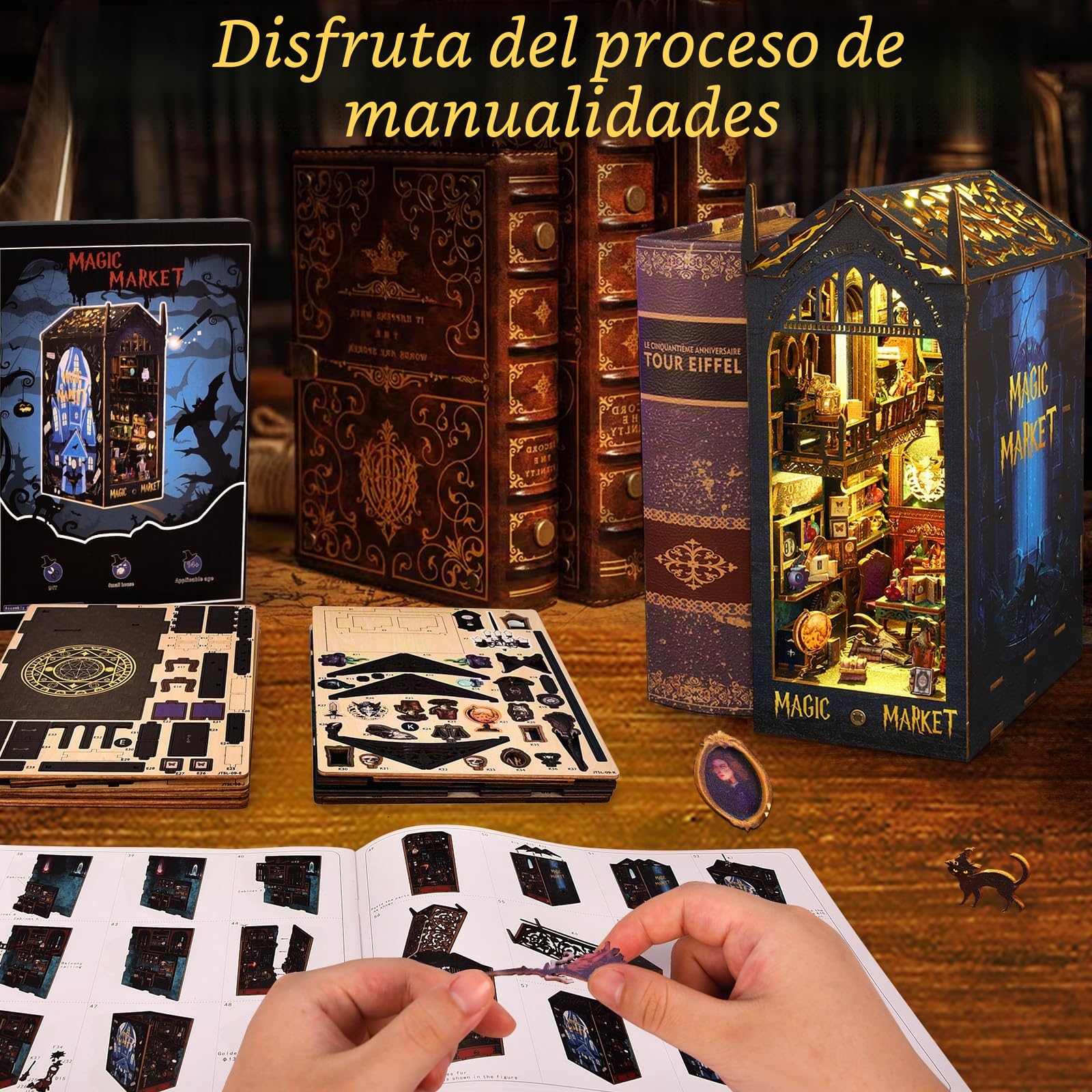 BuzzoXerex Kit Book Nook, Casa Miniatura DIY, Casa Miniatura de Madera, Kit Rincón de Libros 3D en Miniatura con Muebles y Luces LED para Decoración del Hogar Regalos Creativos (Magic Bazaar)