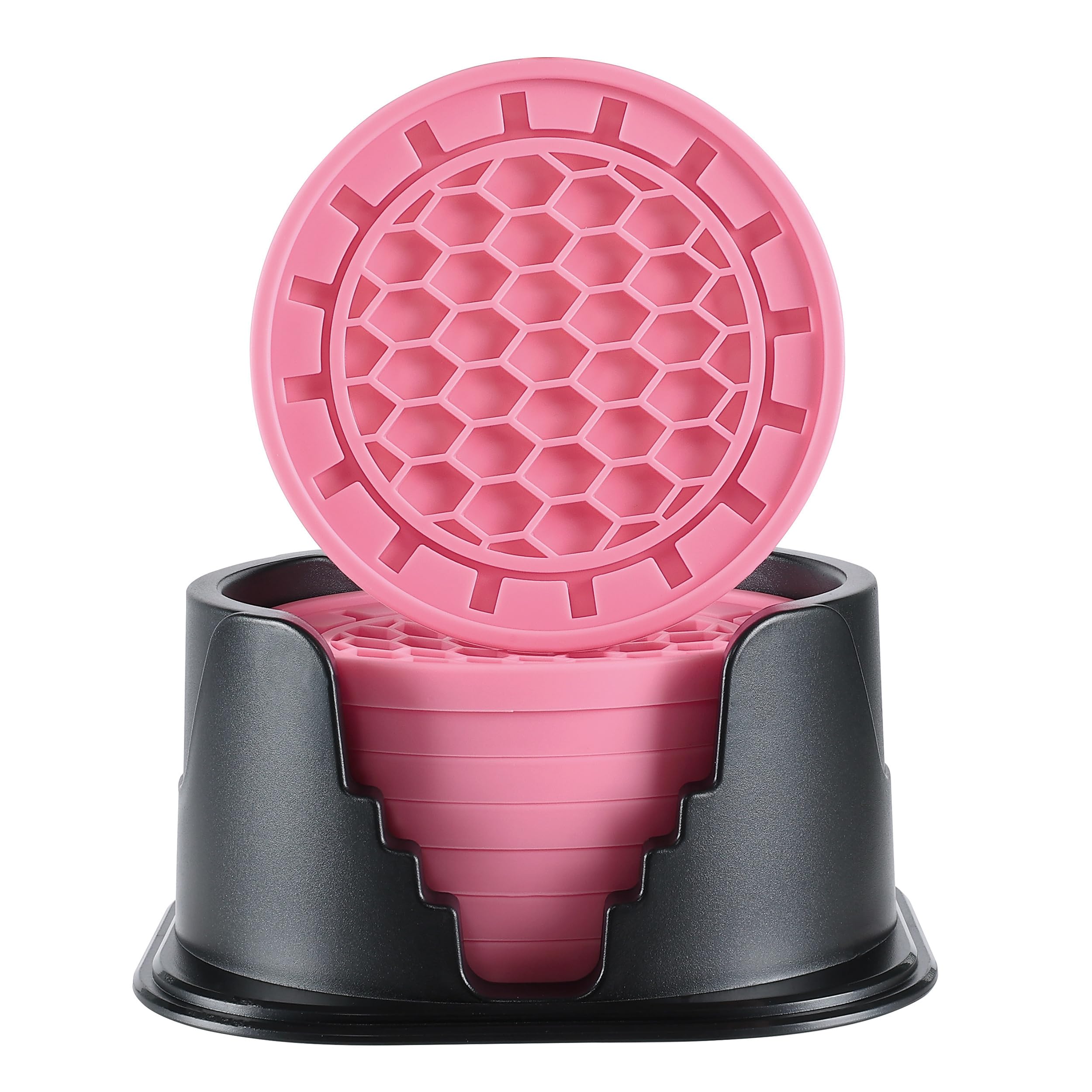 Amooca Silicone Coasters 8 Pack with Holder Anti-Slip Non-Stick Drink Coaster Deep Tray Cup Mat for Hot or Cold Drinking Peach Pink Gear