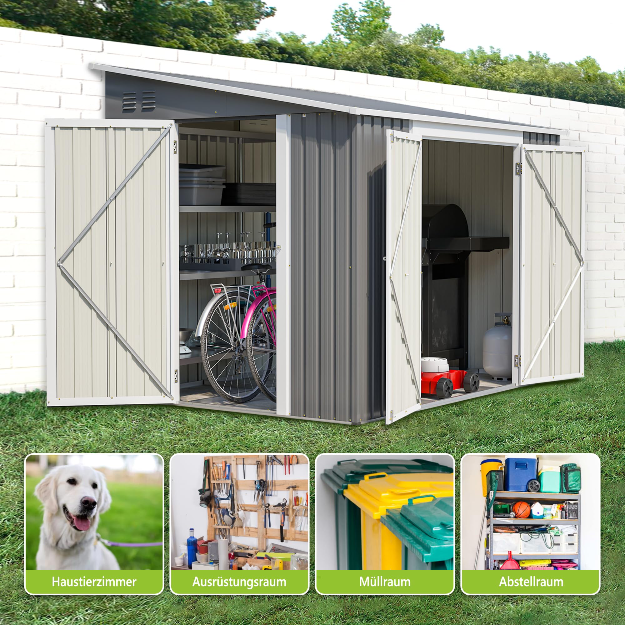 Cobertizo de metal de 6 x 8 pies, cobertizo de acero galvanizado con puerta doble y puerta lateral, cobertizo de jardín resistente a la intemperie, incluye kit de suelo y cerradura con cerradura