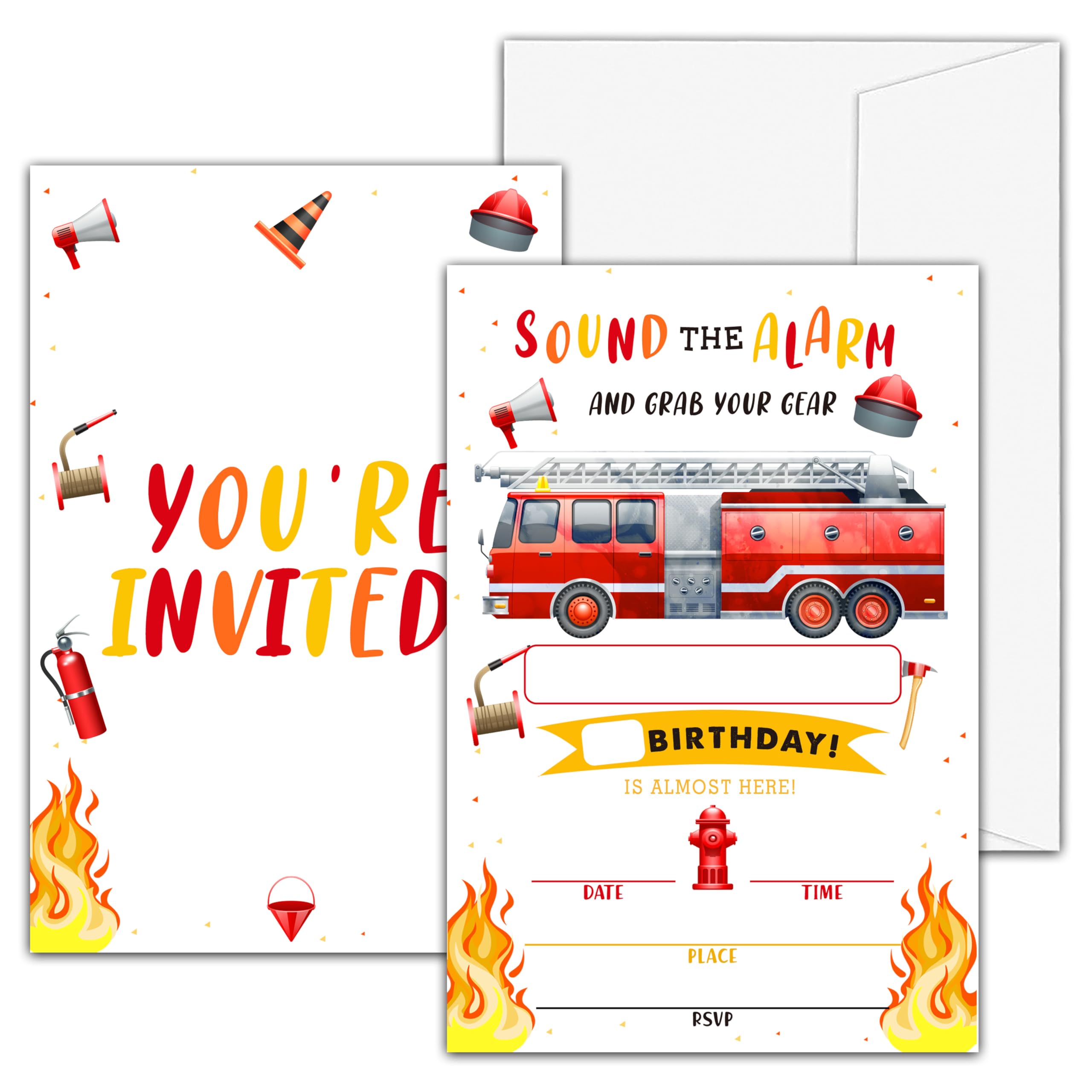 Fire Truck Birthday Invitations For Boys, Firefighter Birthday Party Invitations, Emergency Vehicles Fill In Invitation Cards, Birthday Party Favor