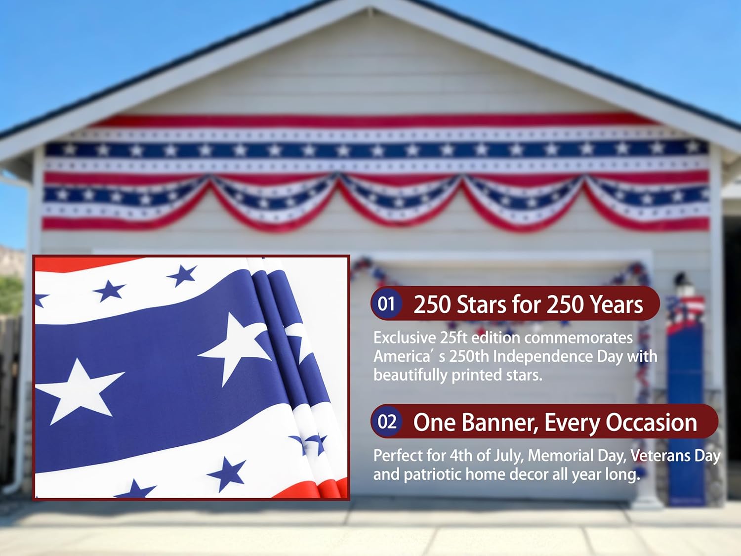 1Pcs 20 Ft Patriotic Bunting with 250 Stars, Red White Blue American Flag Banner for 4th of July, Independence Day, Memorial Day, Outdoor Indoor Door Porch Garden Decorations