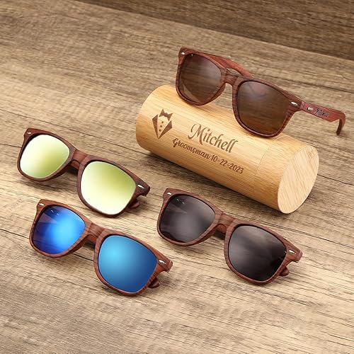 Vista 2 de Personalized Wooden Unisex Sunglasses UV400, Groomsmen Gifts, Bridesmaid Gifts, Mens Gift, Gift for Her