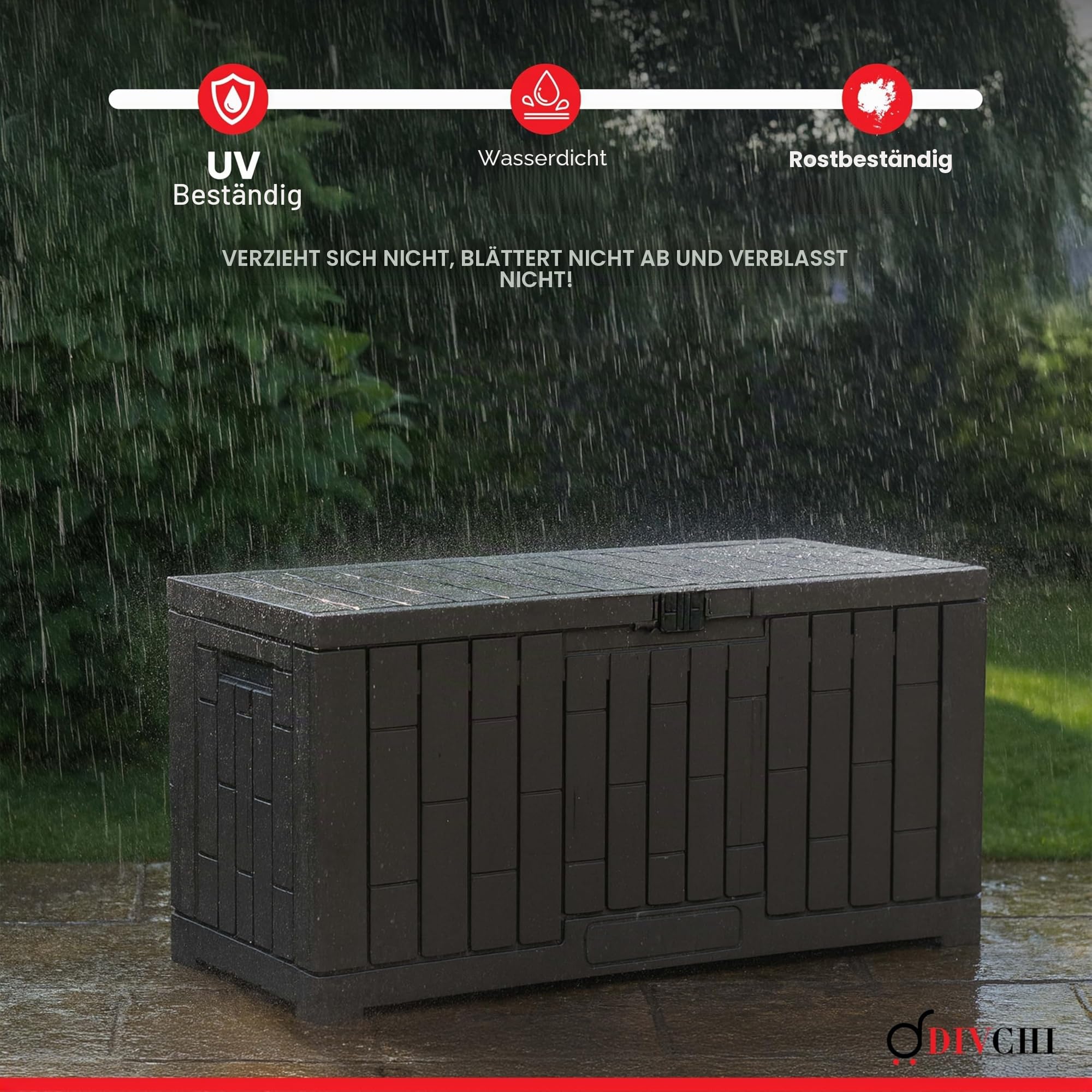 DIVCHI Outdoor Aufbewahrungsbox wasserdichte Deckbox für Gartengeräte Terrassenkissen und Poolzubehör Abschließbar Einfache Montage Vielseitige Bank oder Tisch (60 Gallonen)