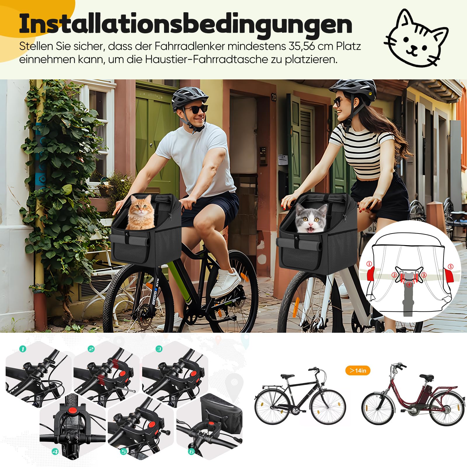 Panier de vélo 4 en 1 pour chien, panier avant de vélo pour chiens et chats, sac à dos amovible avec 4 fenêtres en maille et ceinture de sécurité, sac respirant pour animaux de compagnie pour vélo
