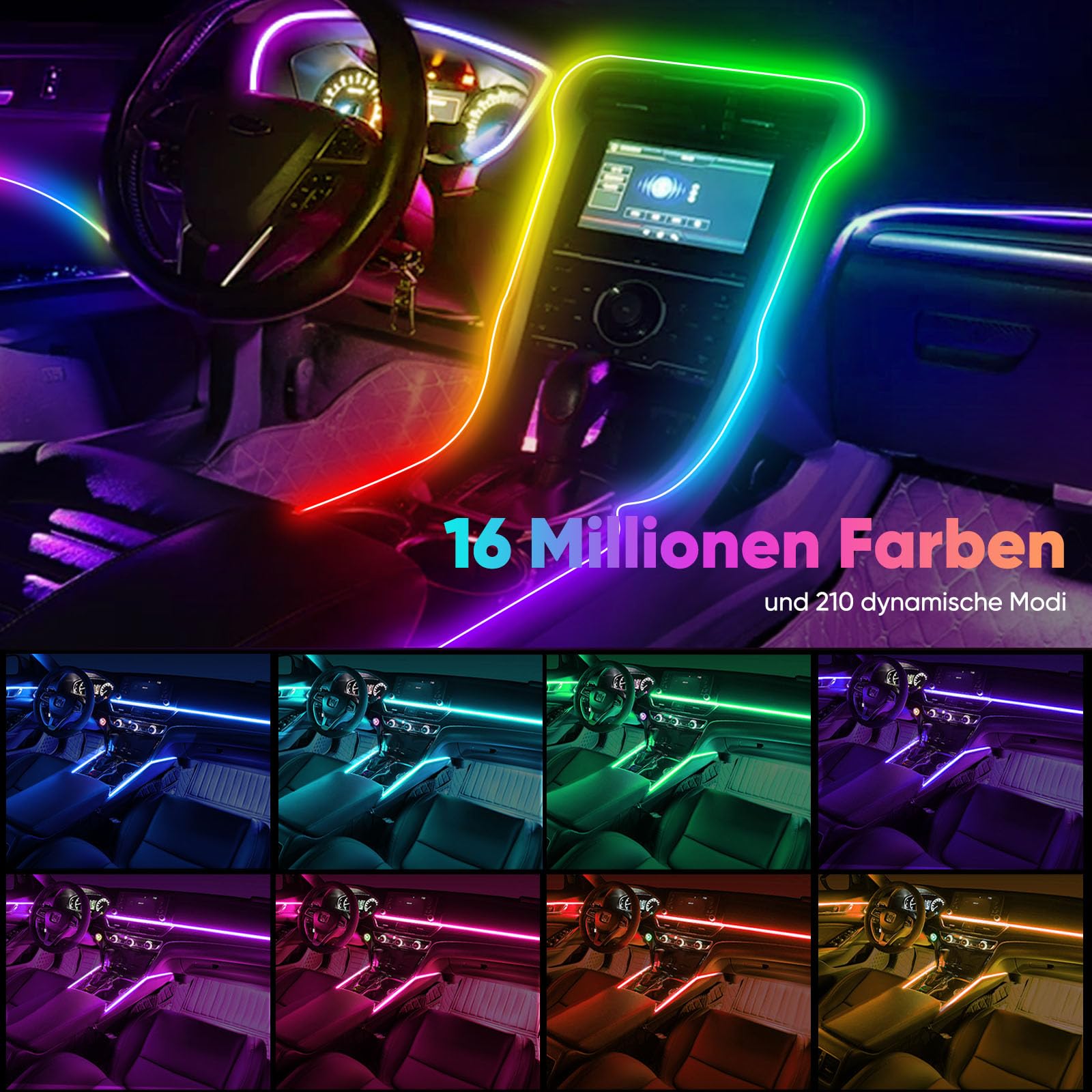 GPJYD Acryl 6 IN 1 Auto Ambientebeleuchtung, RGB LED Auto Innenbeleuchtung Strip Lights 445cm 584 LEDs mit 16 Millionen Farben, 210 Dynamische, USB-Port A uto LED Innenbeleuchtung