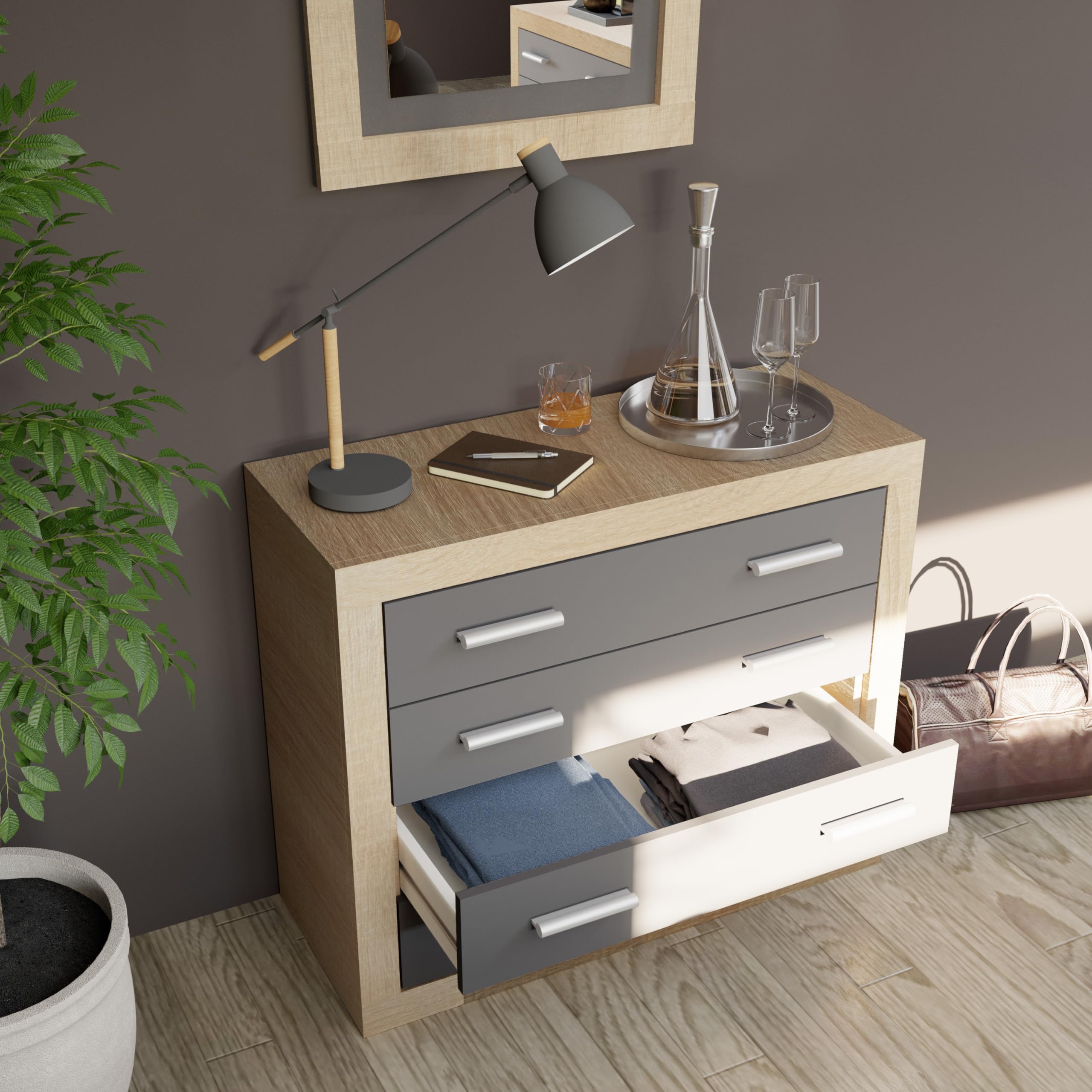 duehome | Conjunto de Dormitorio Kira 4c - Cabecero + 2 Mesitas de Noche + Comoda y Espejo, Acabado en Cambria y Grafito