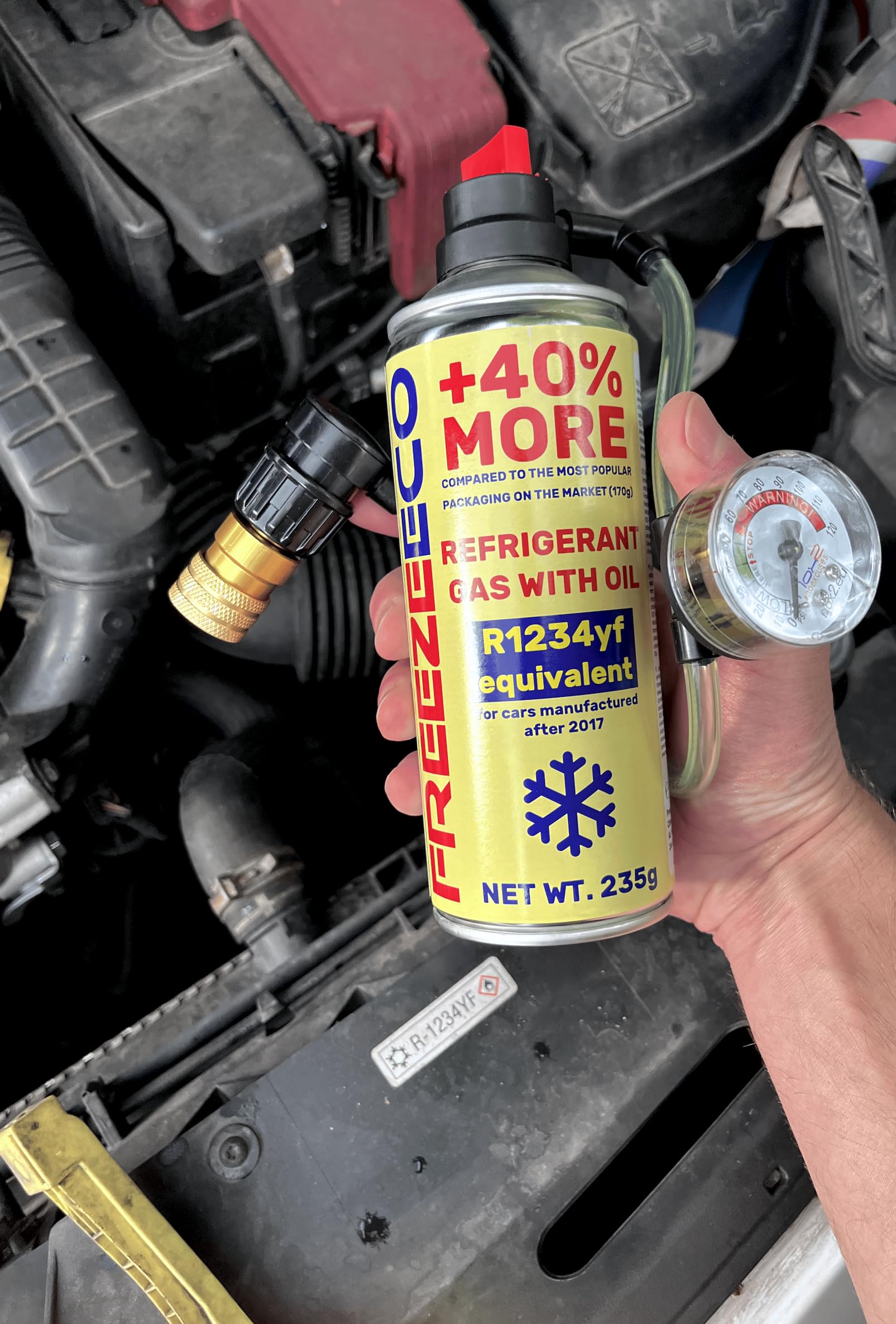 HOBBY, sustituto r1234yf, Sellador, refrigerante para aire acondicionado de automóviles, equivalente a 660 g, 1 lata, 2 en 1, 235g, con Manguera integrada con manómetro y Adaptador