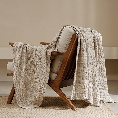 PHF 100% Cotton Waffle Weave Throw Blanket, Soft Lightweight Breathable Cozy Throws for Couch Bed Sofa, Luxury Aesthetic Blanket Gift for Home Decor & Office, 50"x60", Light Taupe/Oatmeal