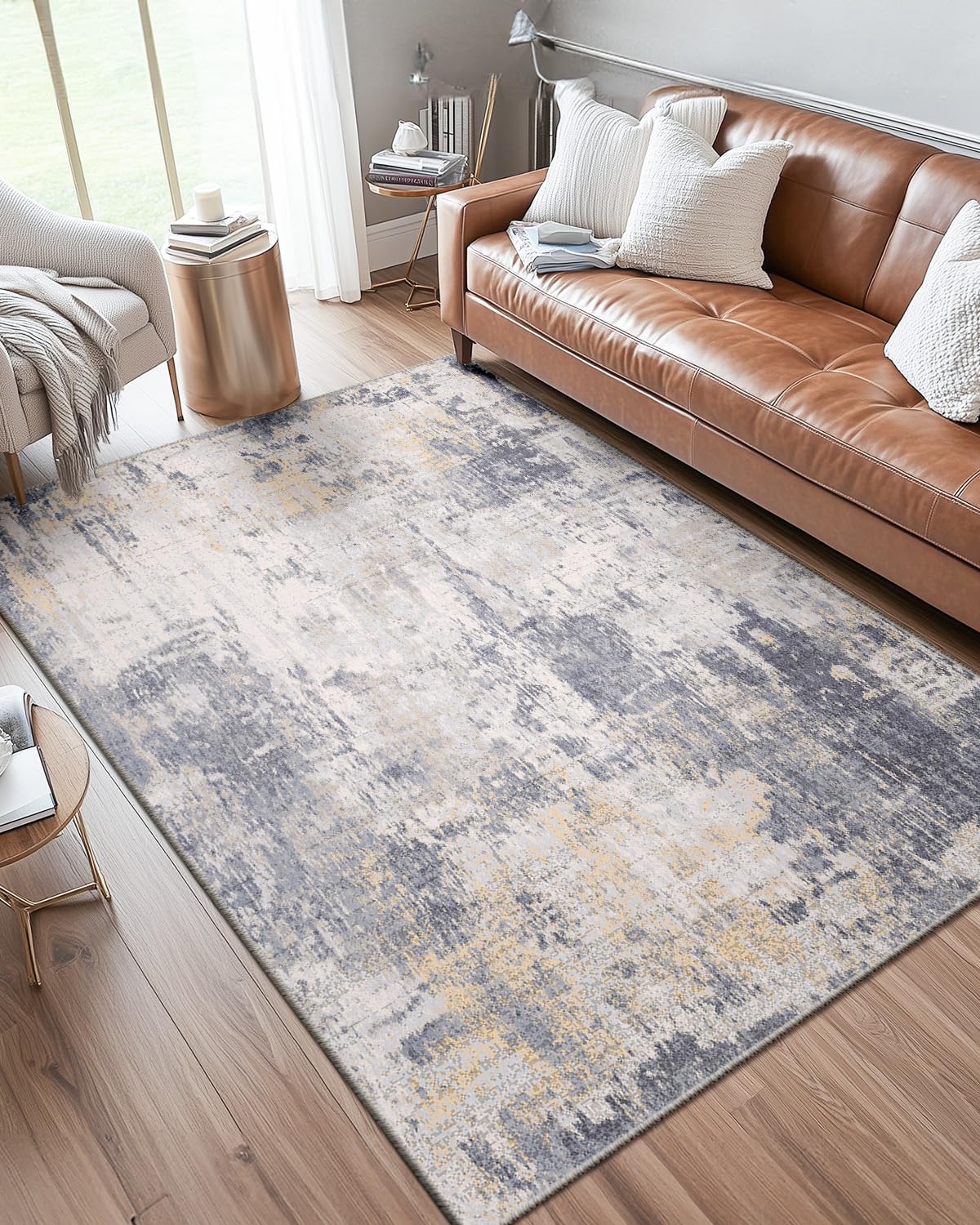 DEFYNEE Alfombra para salón 240x300 cm, Alfombra Antideslizante Lavable a máquina, Alfombra Moderna Abstracta para salón y Dormitorio, Gris Amarillo