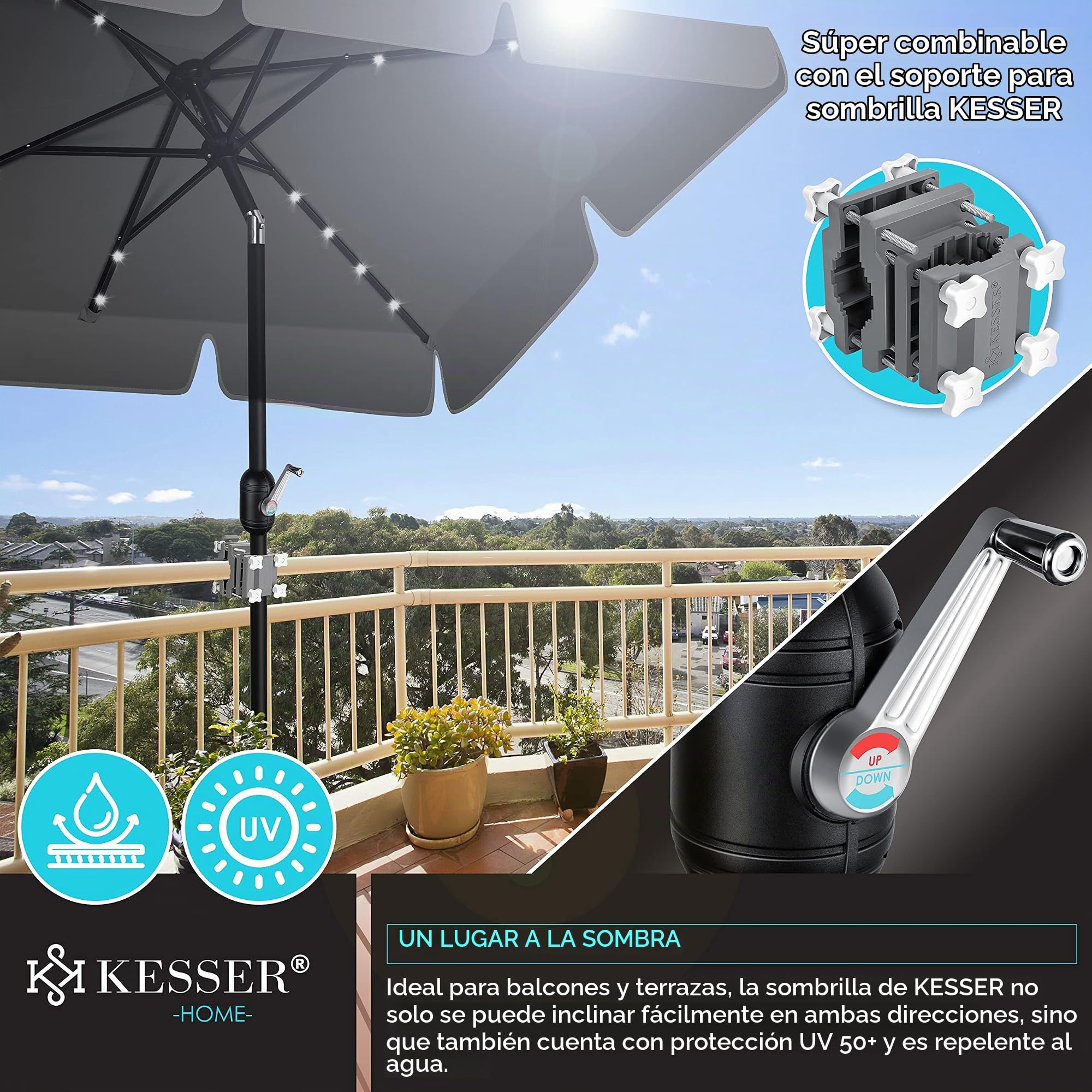 KESSER® Sombrilla Parasol Rectangular LED Solar con Manivela Incluye Funda 2 en 1 Bolsa de Transporte | Sombrilla para Balcón Jardín y Terraza Ajustable y Inclinable