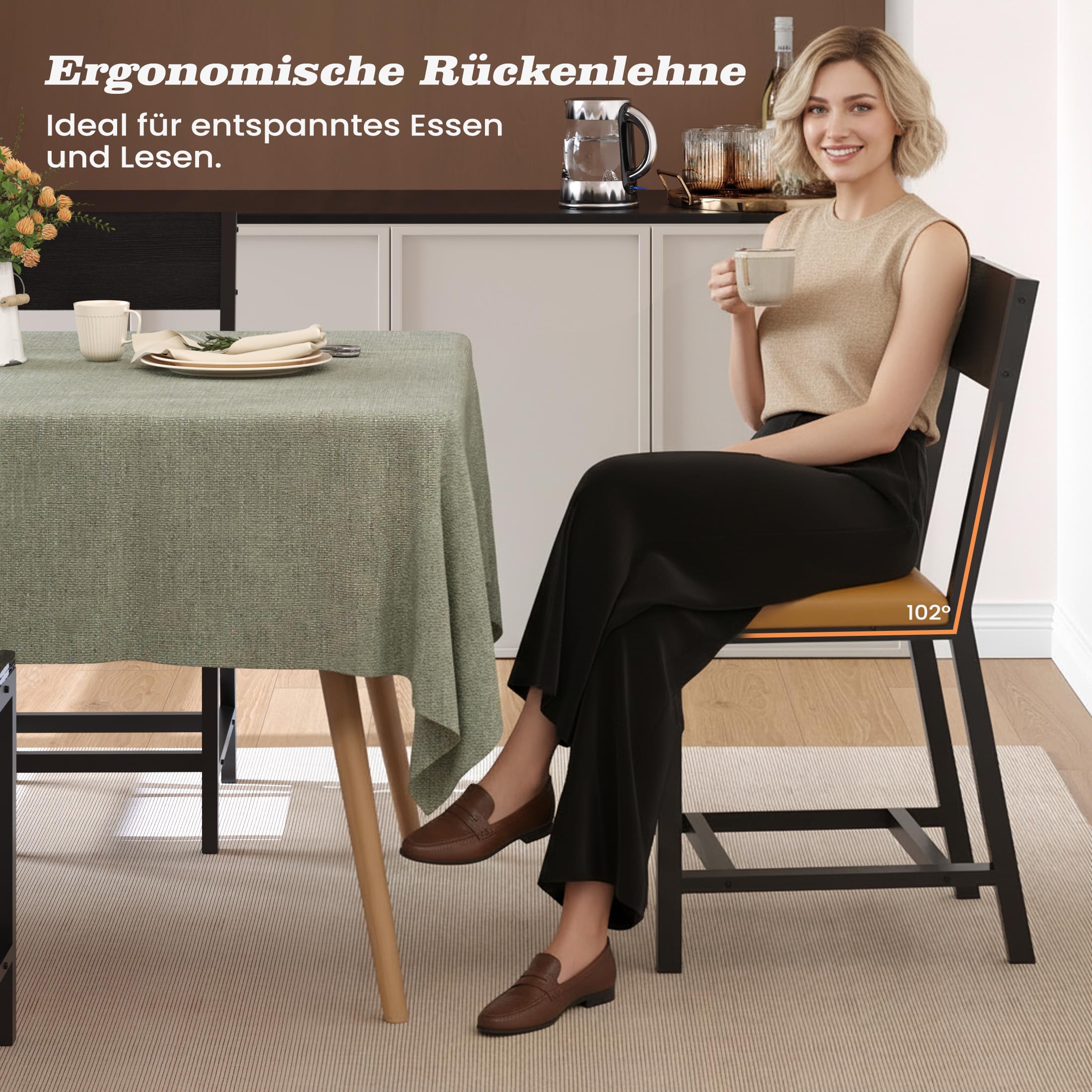 YOUDENOVA Esszimmerstühle 4er Set, Stabiles Metallgestell, Bequeme Küchenstühle mit Rückenlehne, Geeignet für Wohnzimmer, Esszimmer, Vintage-Braun, mit Polsterung, bis 150 kg Belastbar
