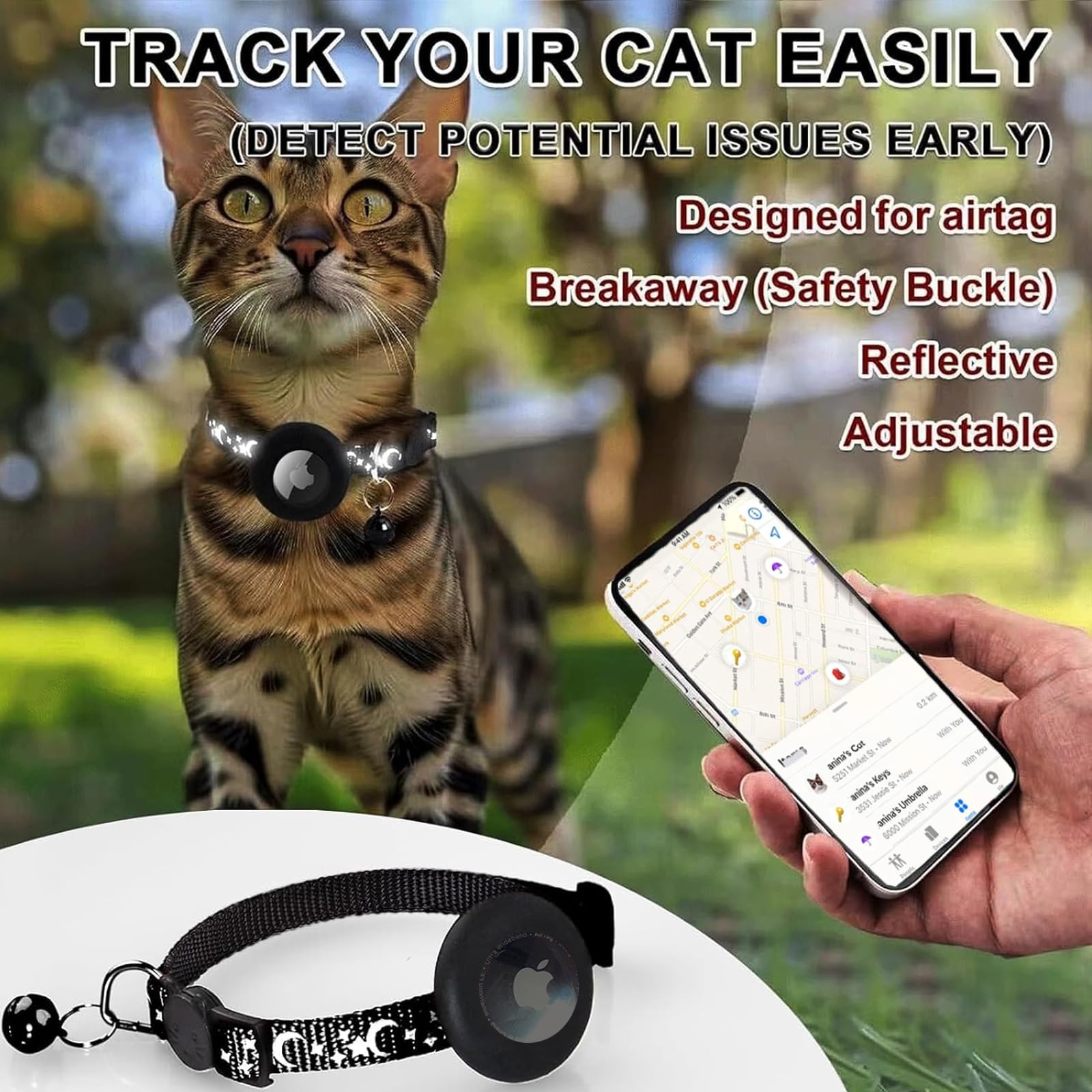 8PCS Airtag Collare Gatto Riflettenti,Collari per Gatti Antistrozzo con Campanellino,Regolabile 20-34 cm,Sicuro,Nylon, Accessori Animali Domestic (star)
