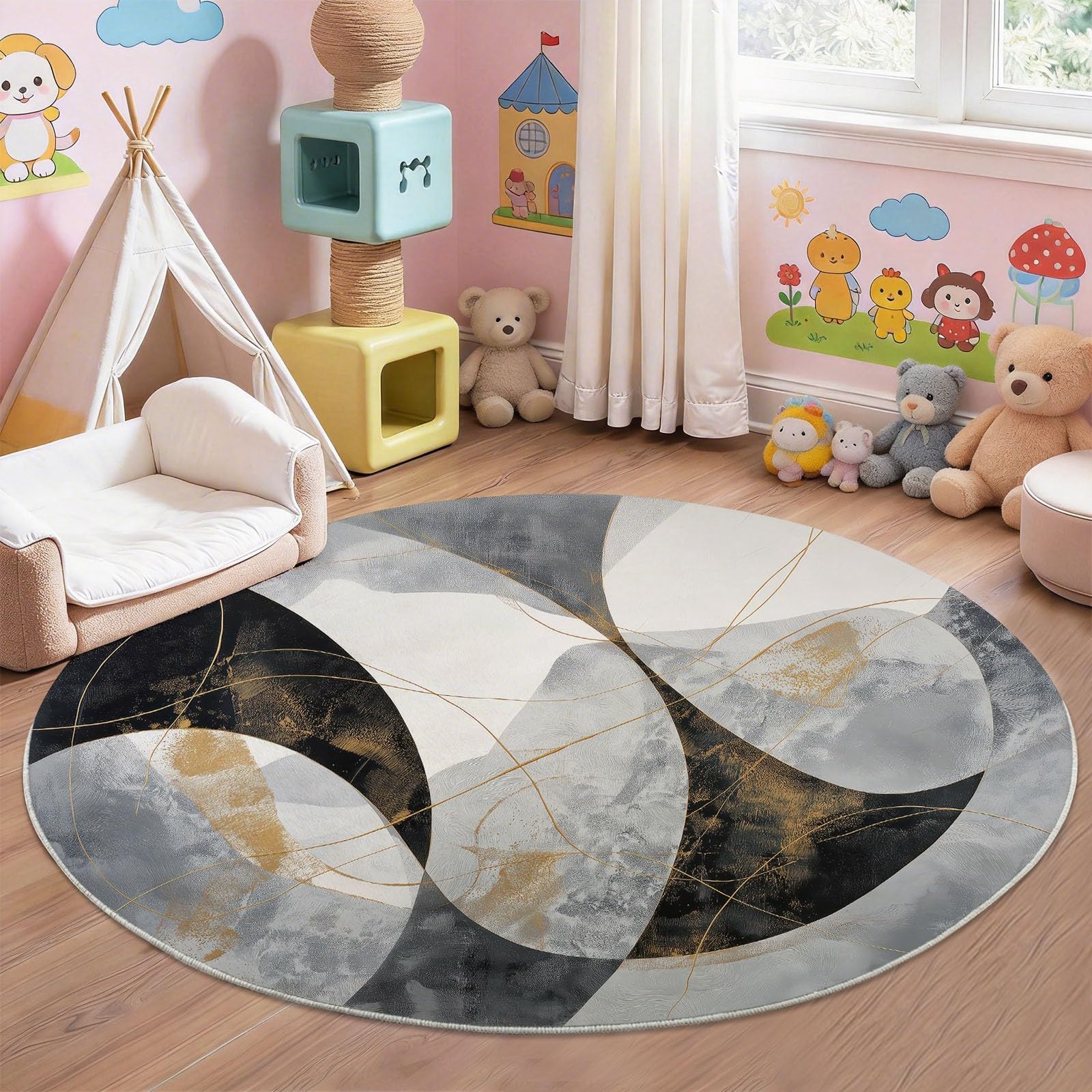 Générique Invecchiato astratto curvo tappeto rotondo 100 cm, lavabile e antiscivolo, moderno minimalista tappeto da soggiorno morbido pelo per camera da letto e ufficio, grigio