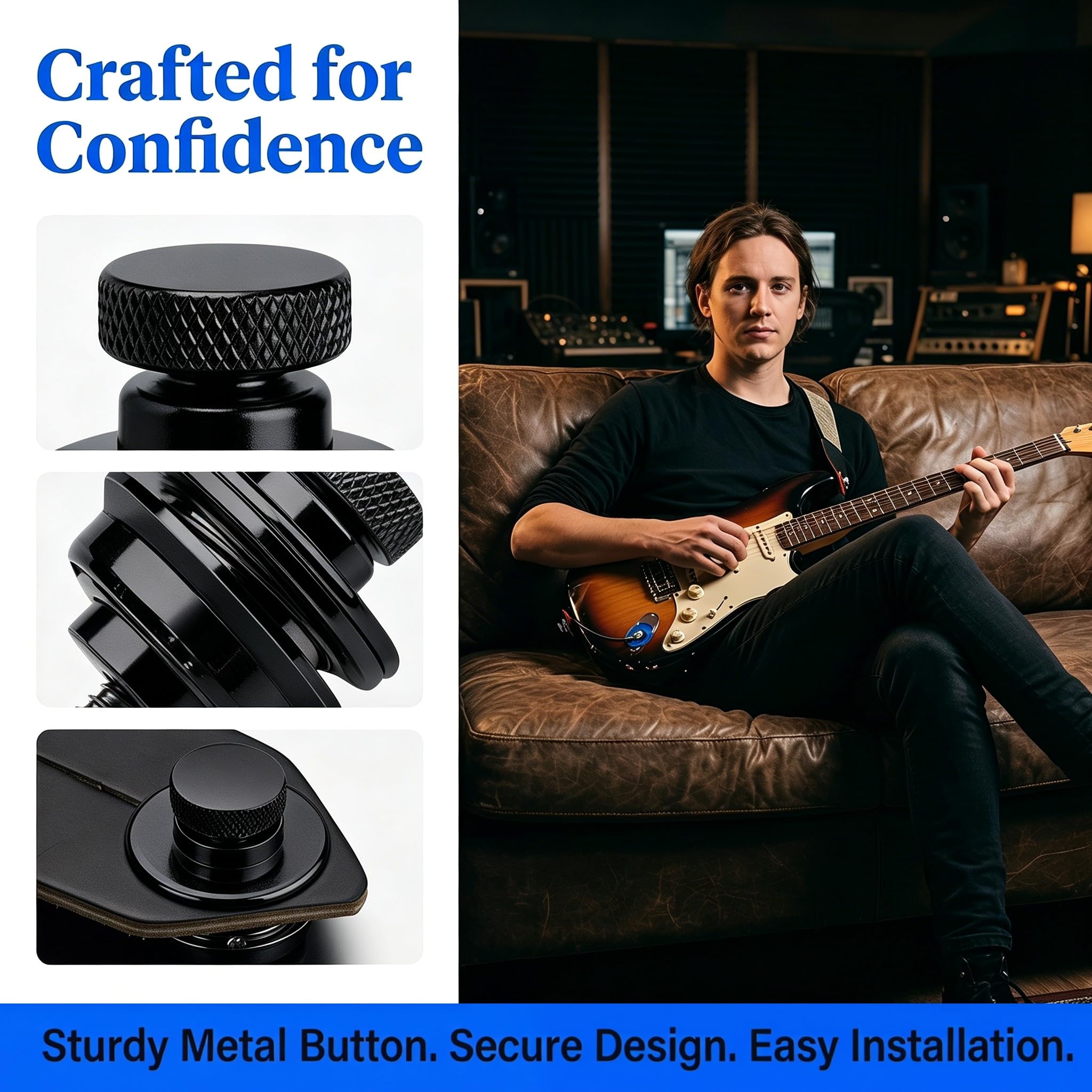 Miwayer Lot de 2 verrous de sangle de guitare à tête ronde et plate en métal robuste avec bouton de sécurité en double design avec 2 blocs en caoutchouc pour guitare acoustique électrique, ukulélé