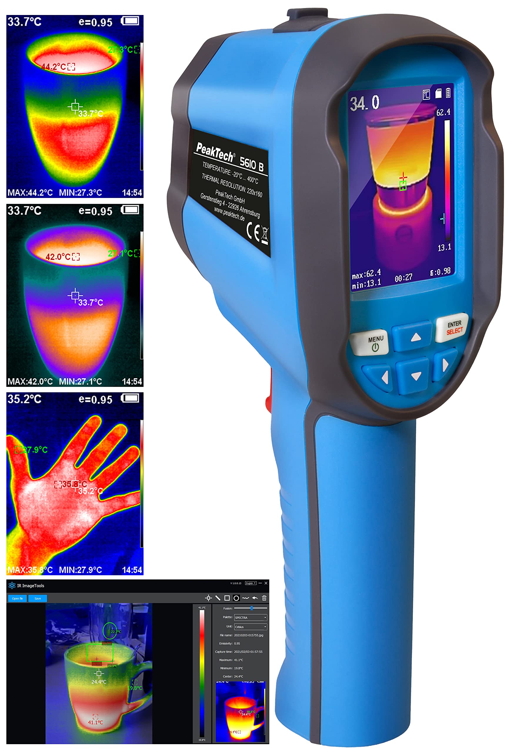 PeakTech Kamera termowizyjna na podczerwień 5610 B od -20°C do 400°C z 220 x 160 pikseli, 2,8-calowy kolorowy wyświetlacz LCD, termometr na podczerwień, w tym nagrywanie wideo i zdjęcia, z USB i oprogramowaniem do analizy termograficznej