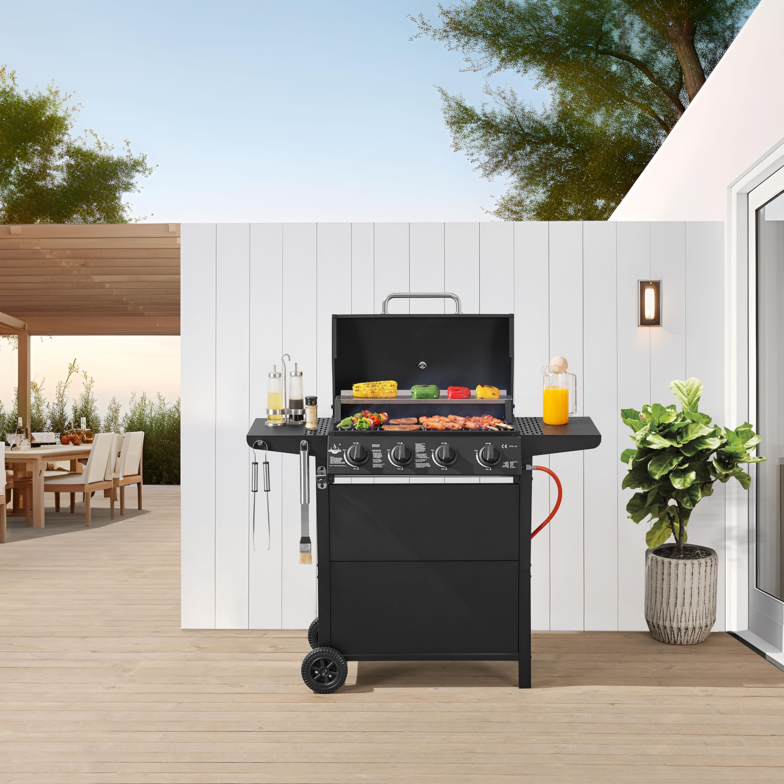 Gasgrill "San Jose 4 Brenner" von El Fuego® | inkl. Gasschlauch und Druckminderer | Grillrost aus Gusseisen | mit Thermometer und großen Seitenablagen | Grill BBQ | AY0206