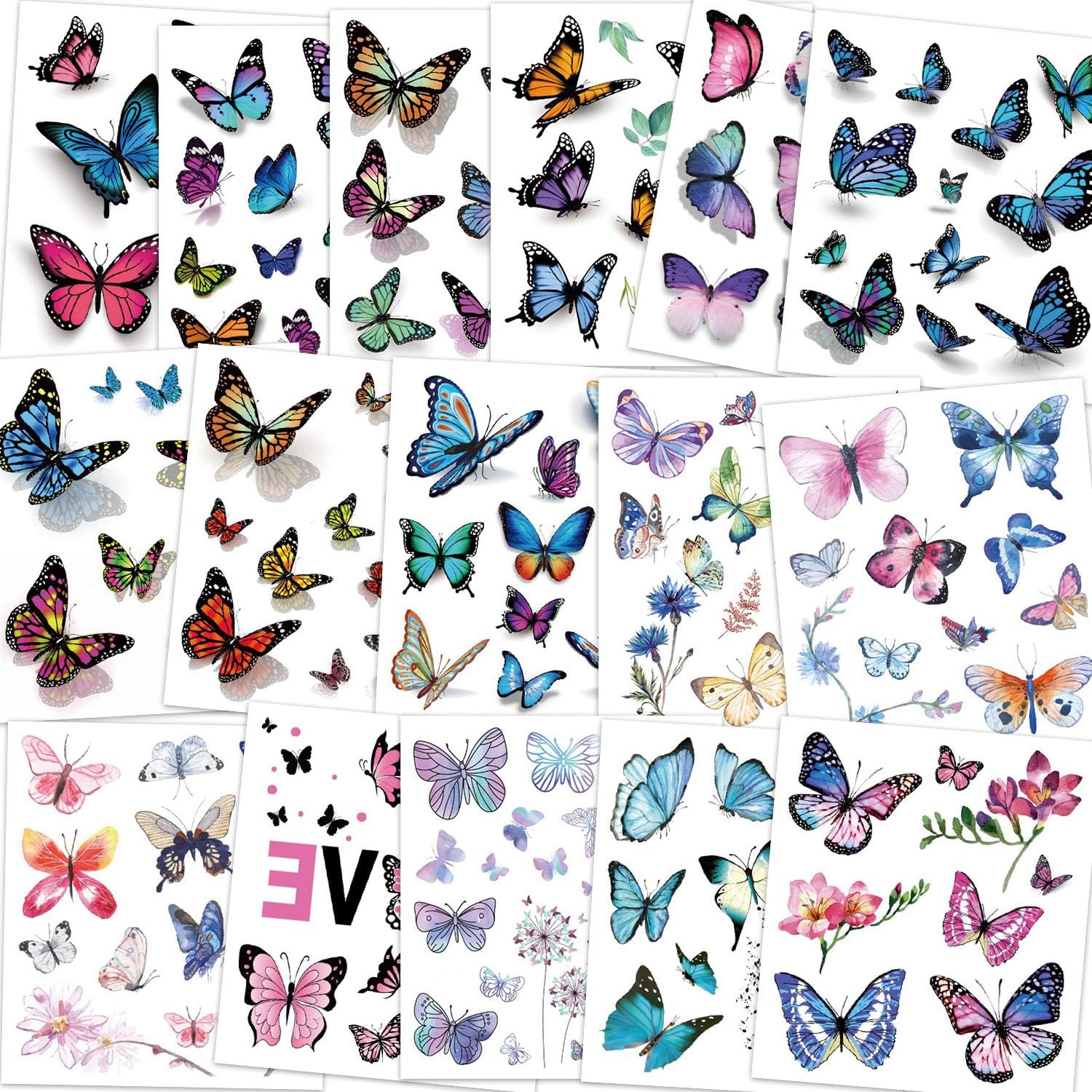 16 Sheets Kids Tattoos Butterfly Temporary Tattoos Fake Tattoo Sticker for Girls Kids Women Children's Birthday Party Bag Filler Gift Birthday Girls Party Favors (Butterfly)