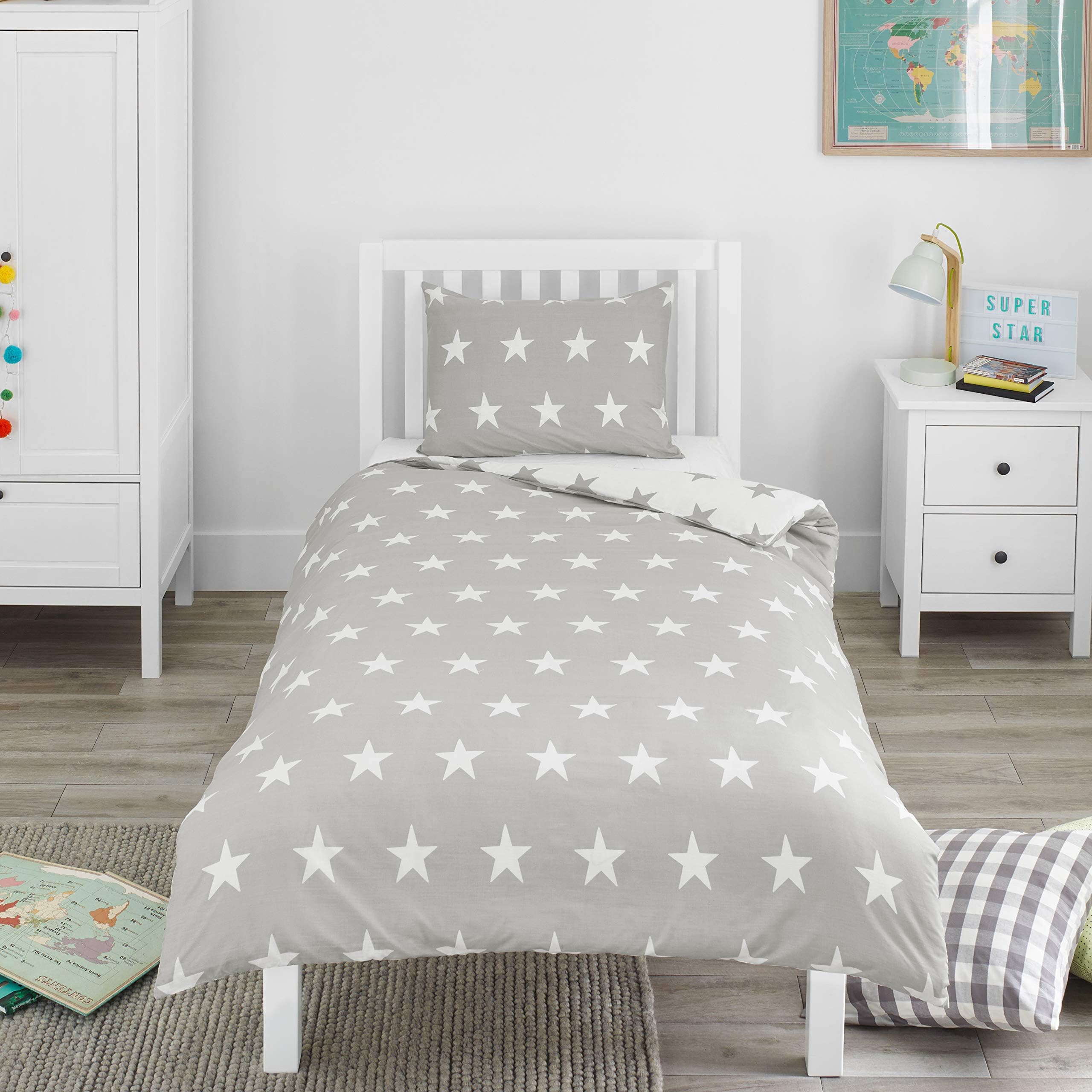 Kids Single Duvet Cover Set - Childrens Single Bedding for Boys and Girls - Grey and White Stars - Single Bed Duvet Cover Set with Pillow Case - 135x200cm