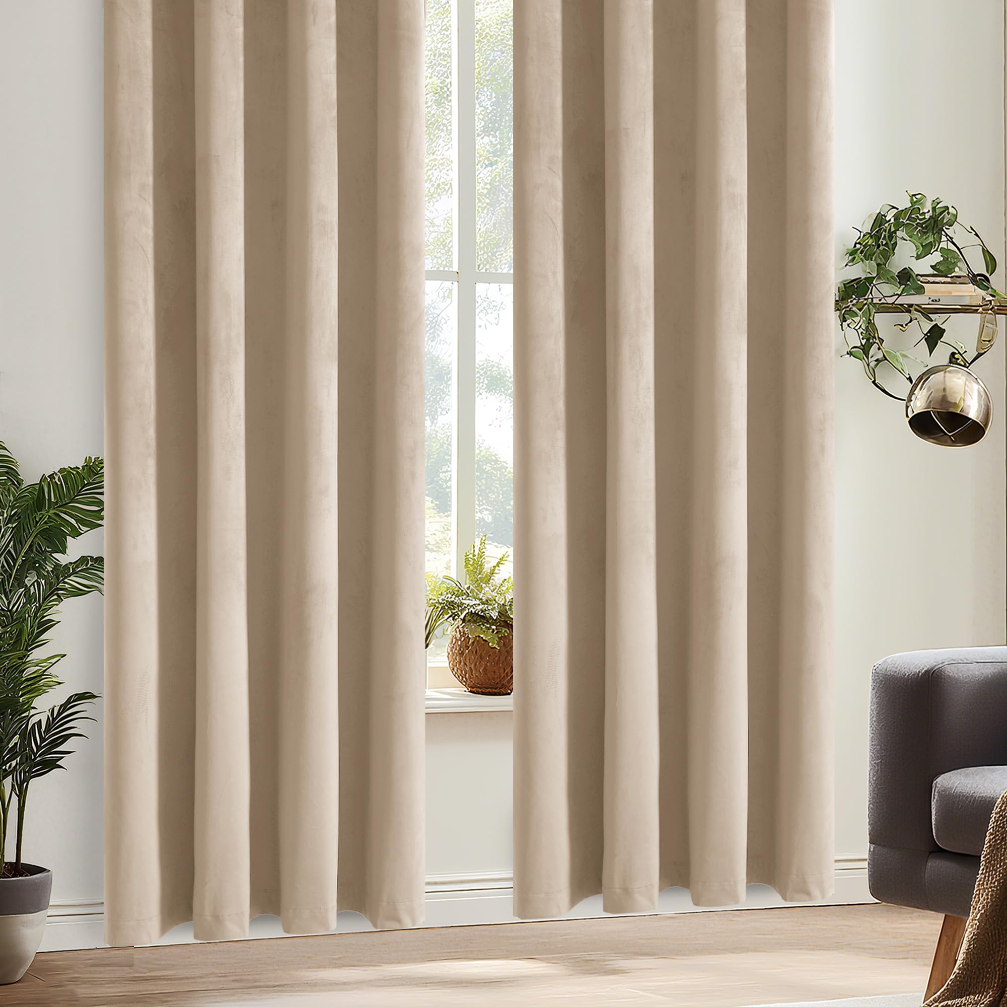 DWCN Hellbeige Samtvorhang Ösen 2er Set H245xB140cm mit Vorhang-Krawatten | Blickdichte Vorhänge Samt für Schlafzimmer Wohnzimmer, Weich Gardinen Verdunkelung Curtains Blickdicht Thermovorhang Winter