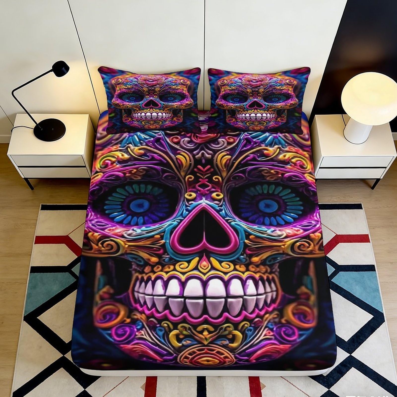 3D Printed Neon Skull Fitted Sheet Microfiber Vibrant Sugar Skull Mattress Cover Anti-Slip for Bedroom Guest Room Decor 90x200x25cm