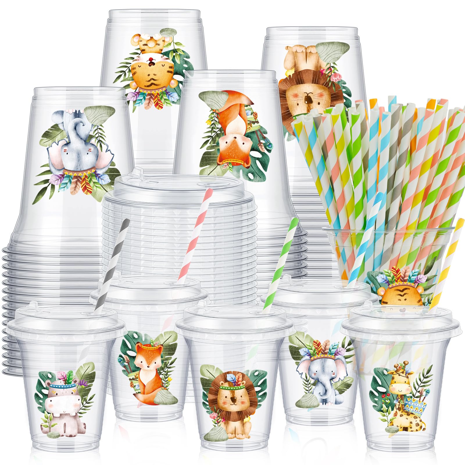 Boao 36 Set Jungle Safari Animal Themed Party Favors Plastic Cups 14 oz Birthday Party Supplies Cups with Plastic Lids and Paper Straws for Jungle Safari Animal Theme Birthday Gift