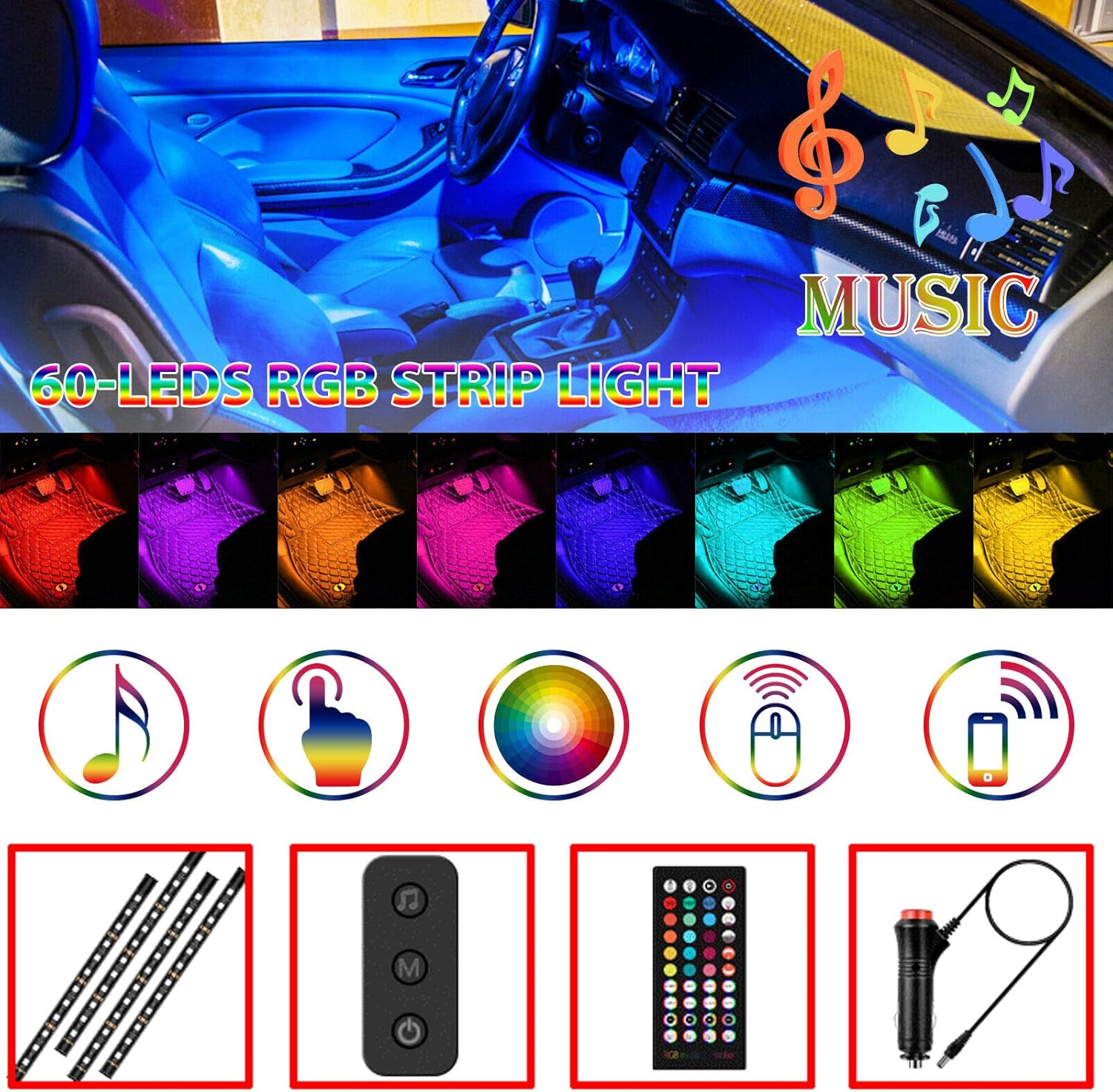 Interior Car LED Strip Lights 60 LED Music Sync Dosocu RGB Automotive Atmosphere Lighting LED Neon Accent Light Under Dash Lighting Kits APP Remote Control with Car Charger DC 12V Inside Vehicle : Automotive