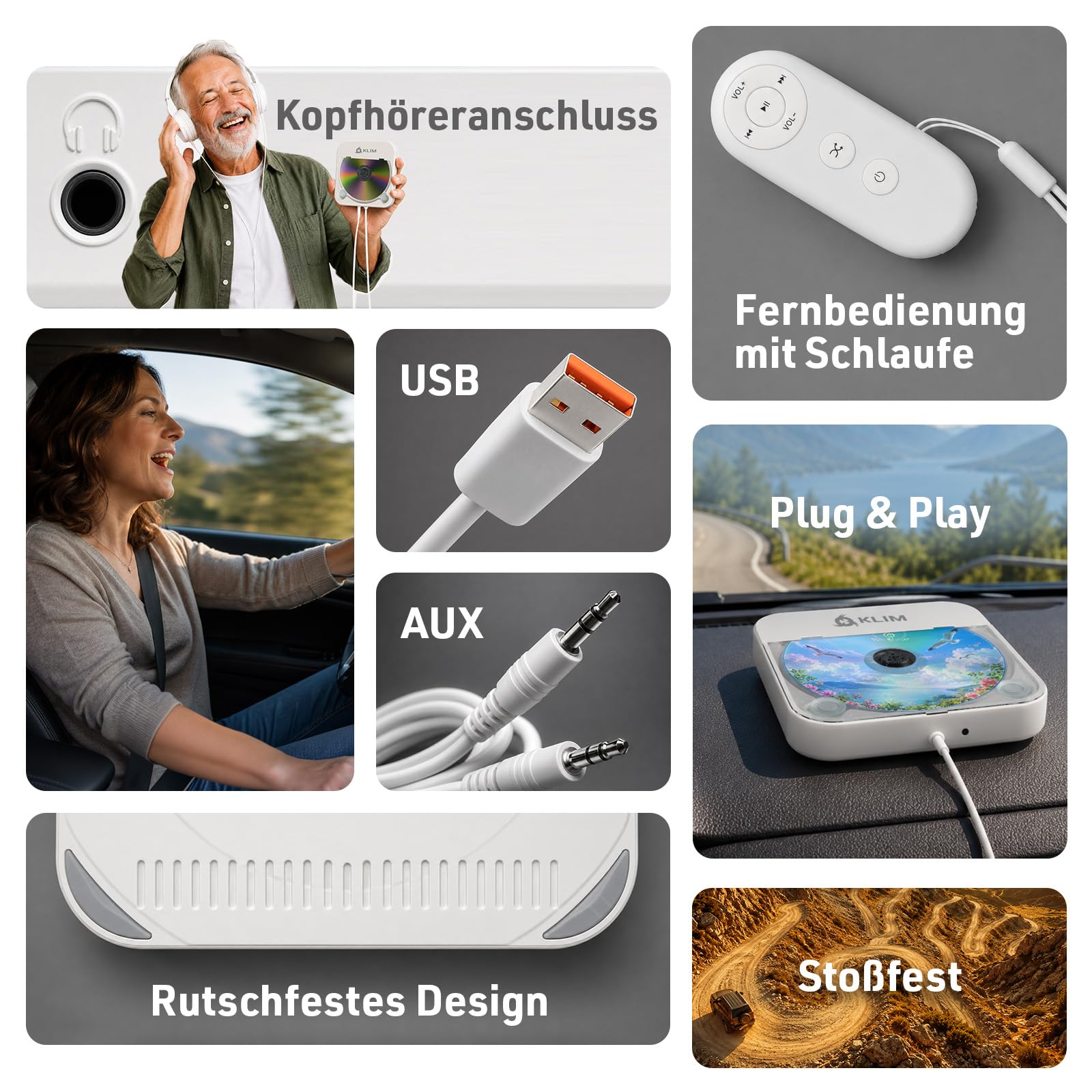 Auto CD Player Tragbar mit USB AUX und Fernbedienung für Fahrzeuge | Stoßfeste Technik ohne komplizierte Installation auch als Laufwerk für Laptops, Weiß