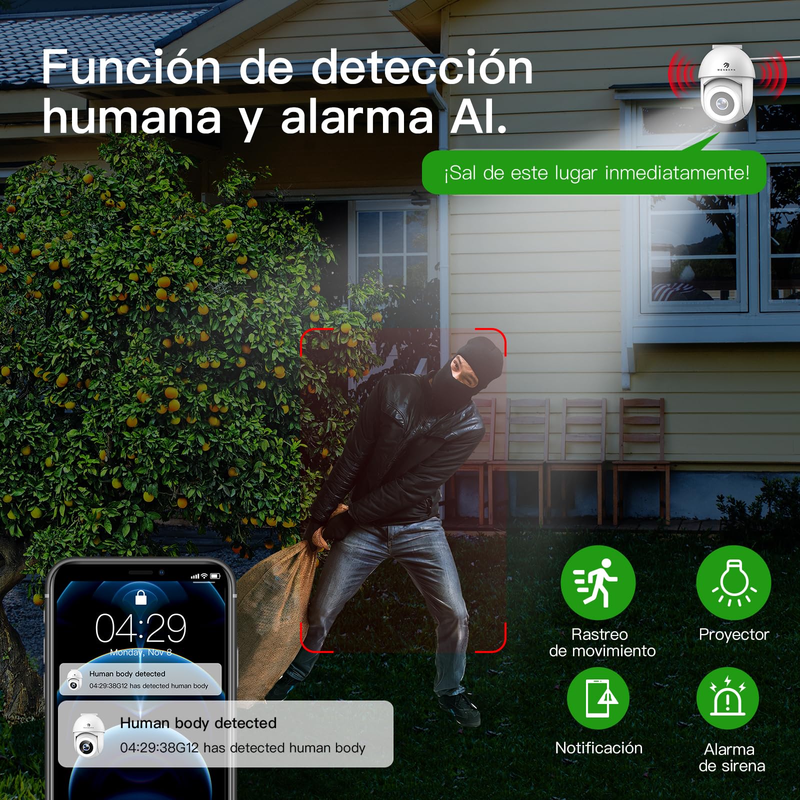 Camara Vigilancia WiFi Exterior 4MP/2,5K, Cámara IP Vigilancia de Seguridad 360°, AI Detección de Humana, Seguimiento Automático, Nocturna a Color, Audio Bidireccional, Compatible Alexa, IP65, 2 PZ