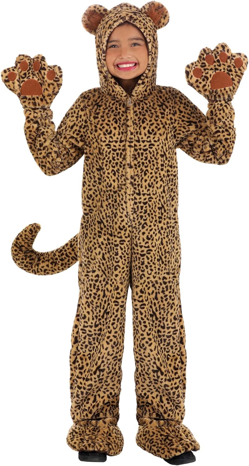 Luxury Leopard Kids Costume | Cheetah Cat Hooded Jumpsuit Outfit with Attached Shoe Covers, Paw Mitts, and Tail