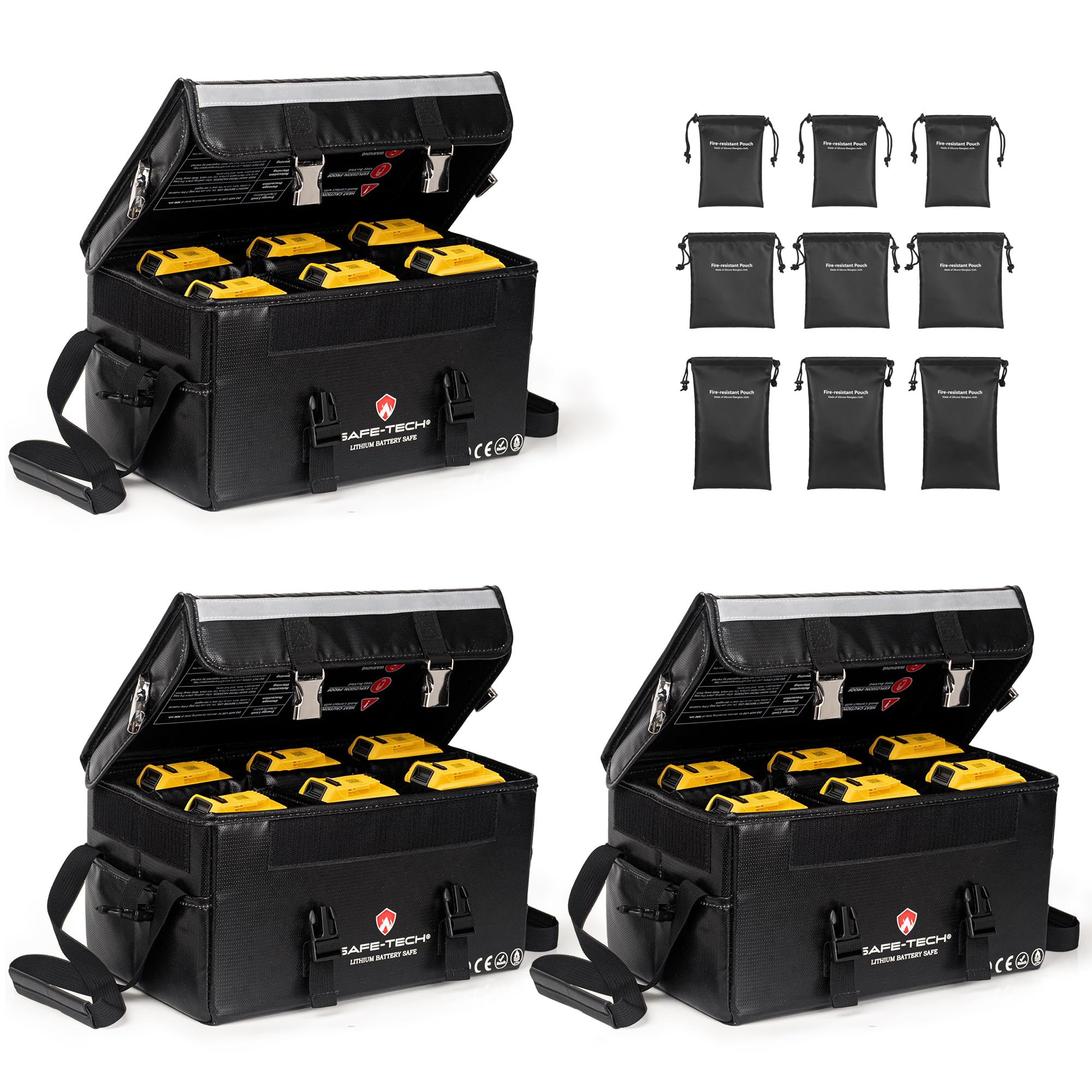 3 Pack SAFE TECH Heavy Duty Fireproof Lipo Battery Bag 35 × 21 × 18 cm, Large Battery Storage Case with Adjustable Dividers for DeWalt, Makita LXT & Lithium-Ion Batteries, Power Tool Battery Box