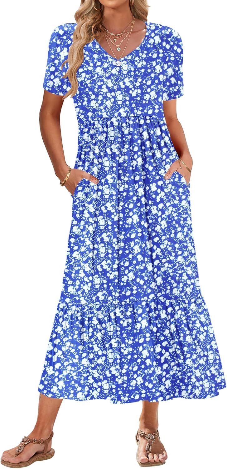 AUSELILY Summer Dresses Women 2025 Flowy Short Sleeve Maxi Dress V Neck Casual Tiered Sundress with Pockets