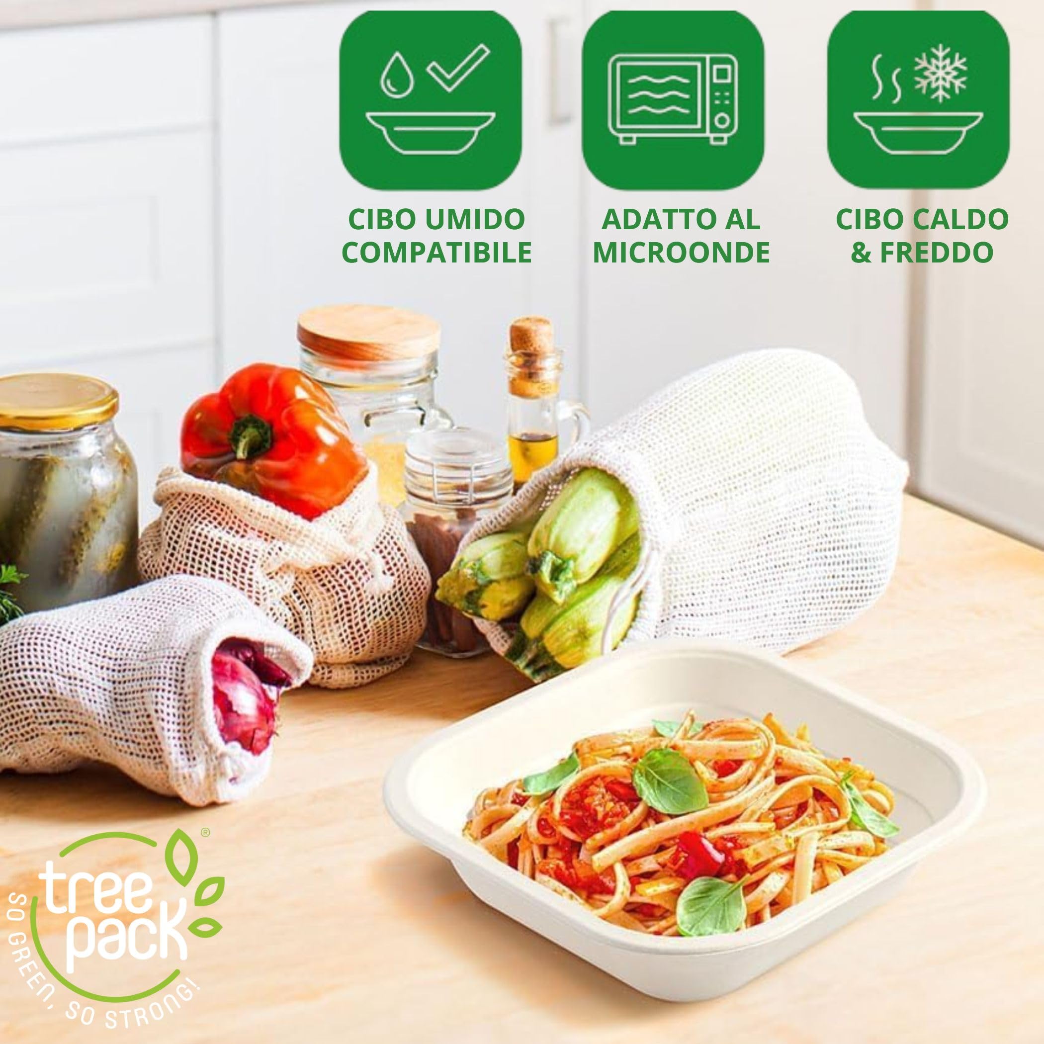 TREEPACK - Piatti usa e getta compostabili 600Pz, Piatti Monouso in Bamboo e Canna da Zucchero Capacità 530 ml, Piatti Biodegradabili per Microonde resistono da -18 °C a +200 °C. [18 x 18x 3,6 cm]
